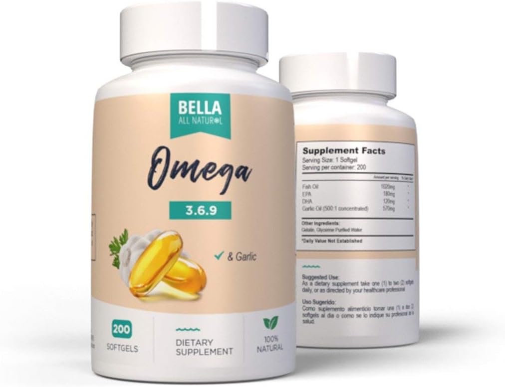 200 Softgels of Bella All Natural Omega 3 6 9 with Garlic Oil - Dietary Supplement for Heart Health and Immune Support