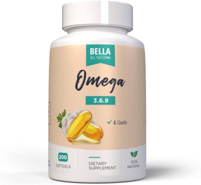 200 Softgels of Bella All Natural Omega 3 6 9 with Garlic Oil - Dietary Supplement for Heart Health and Immune Support
