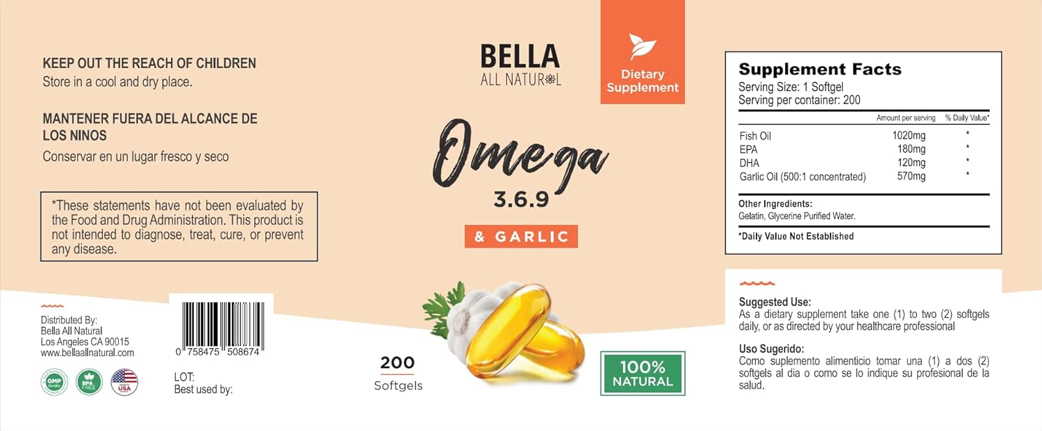200 Softgels of Bella All Natural Omega 3 6 9 with Garlic Oil - Dietary Supplement for Heart Health and Immune Support