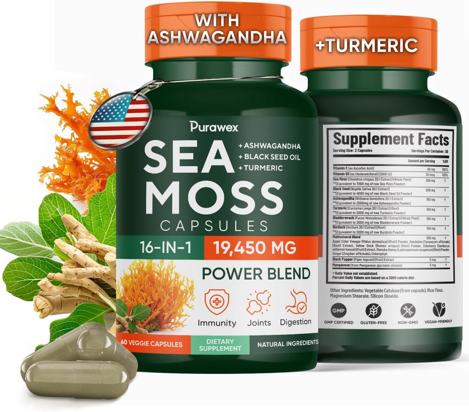 20,000mg Purawex Irish Sea Moss, Black Seed Oil, Ashwagandha & Ginger Capsules - 30-Day Supply