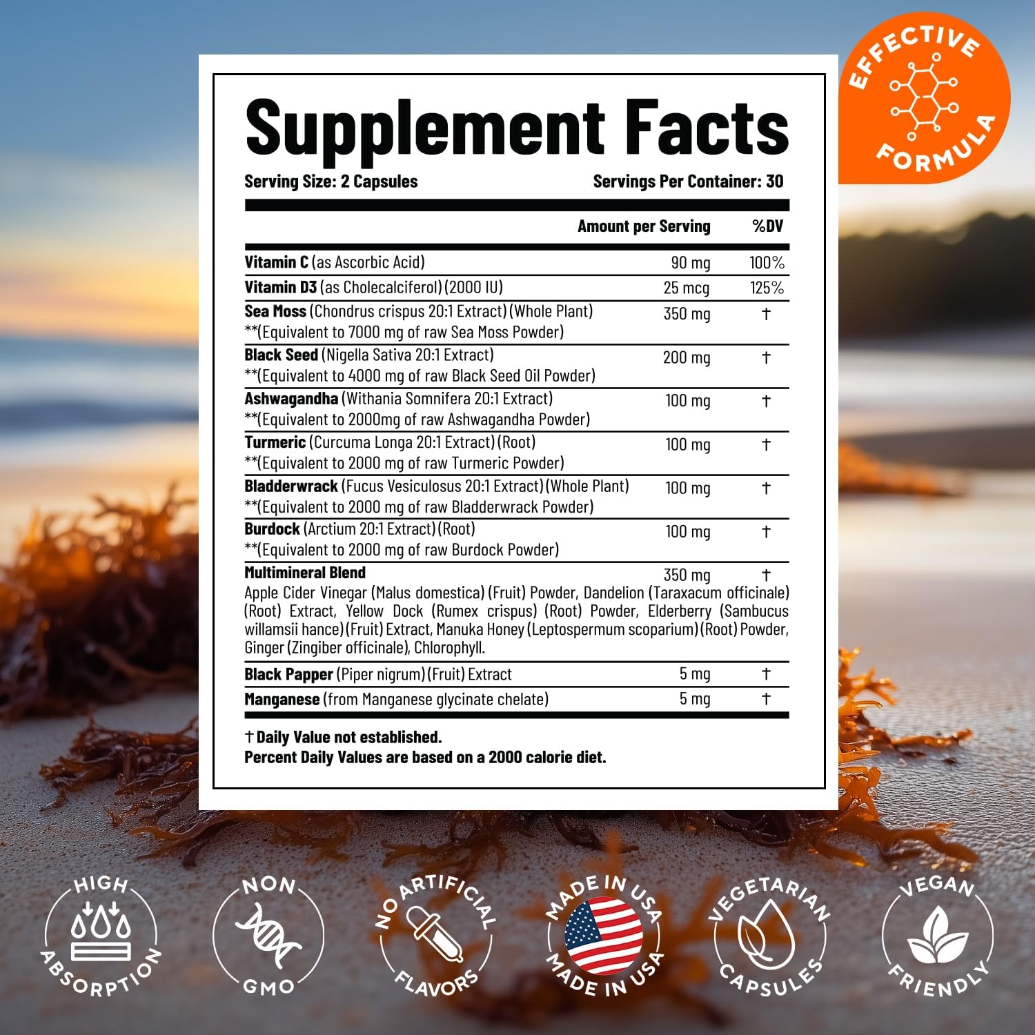 20,000mg Purawex Irish Sea Moss, Black Seed Oil, Ashwagandha & Ginger Capsules - 30-Day Supply