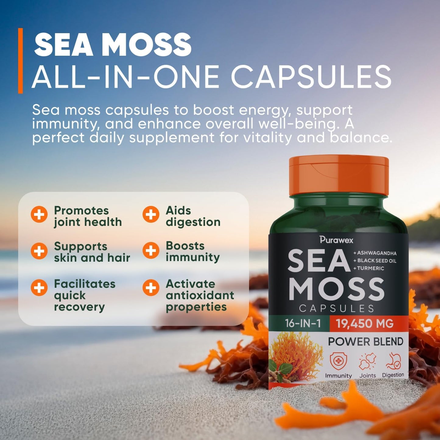 20,000mg Purawex Irish Sea Moss, Black Seed Oil, Ashwagandha & Ginger Capsules - 30-Day Supply