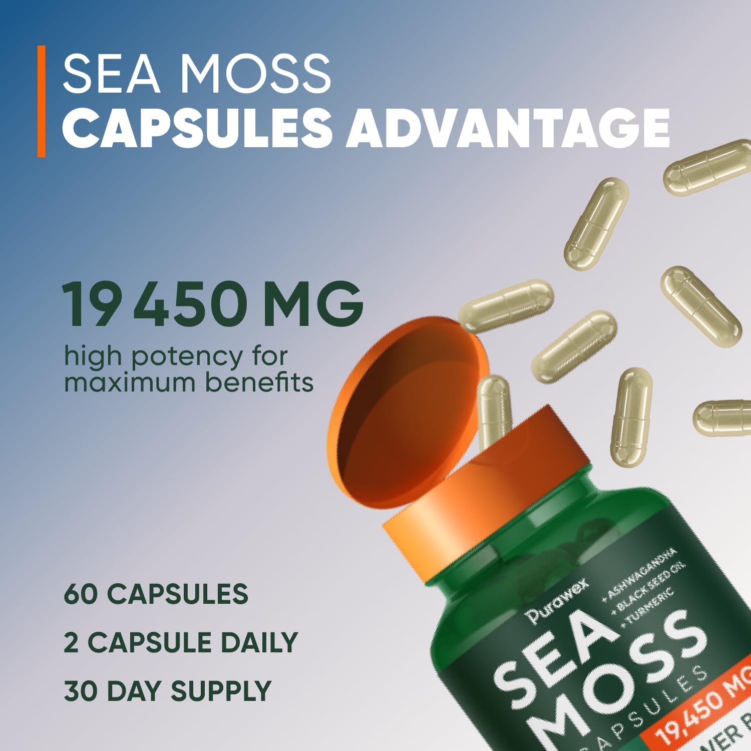20,000mg Purawex Irish Sea Moss, Black Seed Oil, Ashwagandha & Ginger Capsules - 30-Day Supply