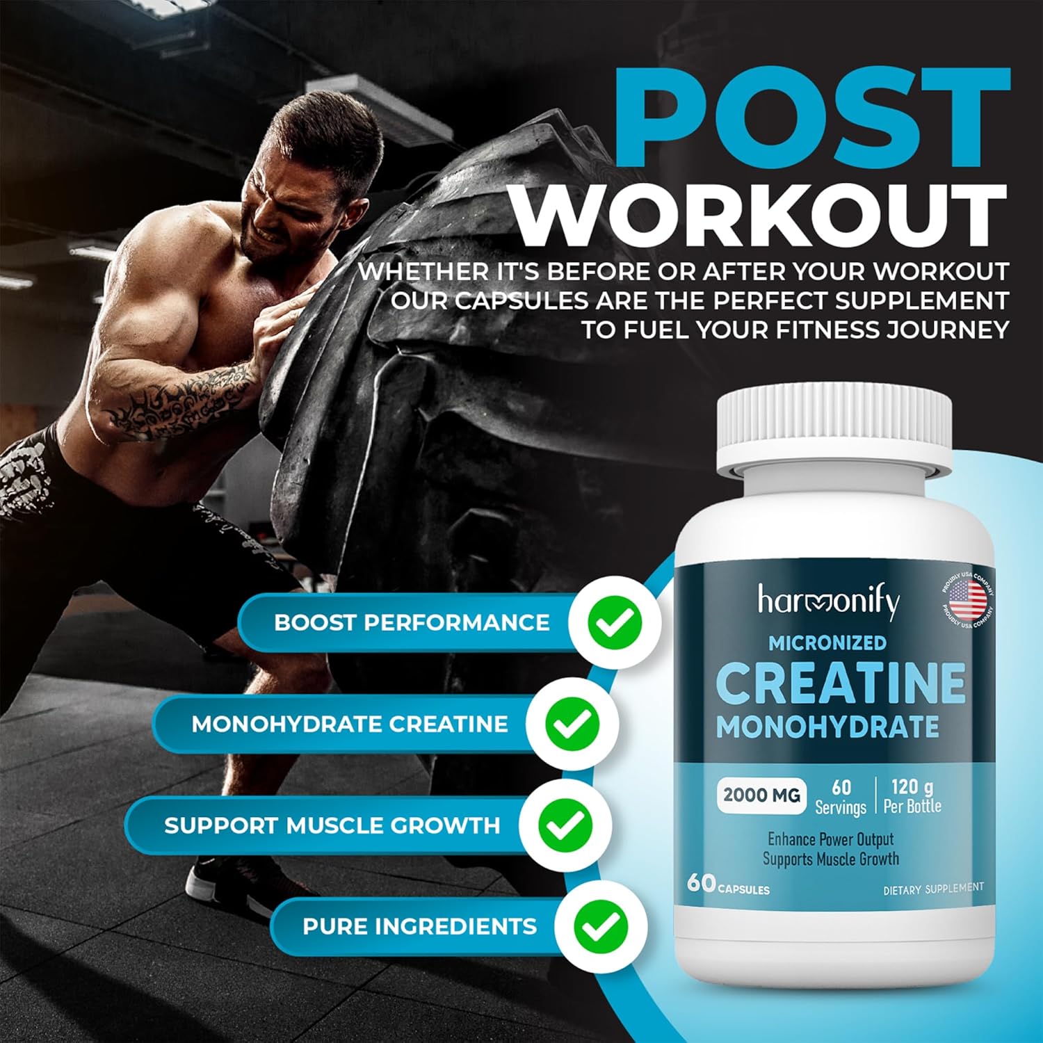 2000mg HARMONIFY Creatine Monohydrate Amino Acid Powder - Gluten-Free, Keto - NSF Certified, 60 Servings for Muscle Support & Cognitive Function