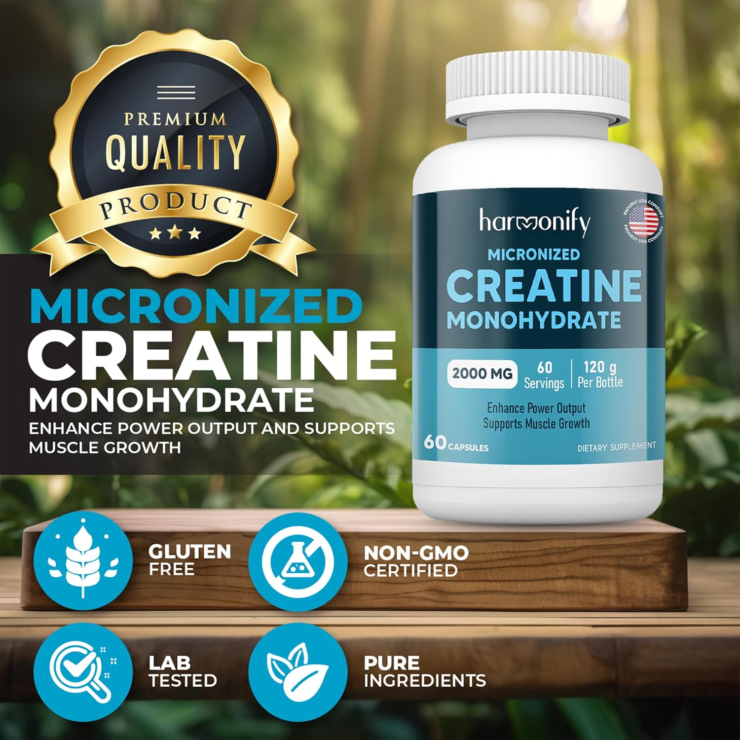 2000mg HARMONIFY Creatine Monohydrate Amino Acid Powder - Gluten-Free, Keto - NSF Certified, 60 Servings for Muscle Support & Cognitive Function