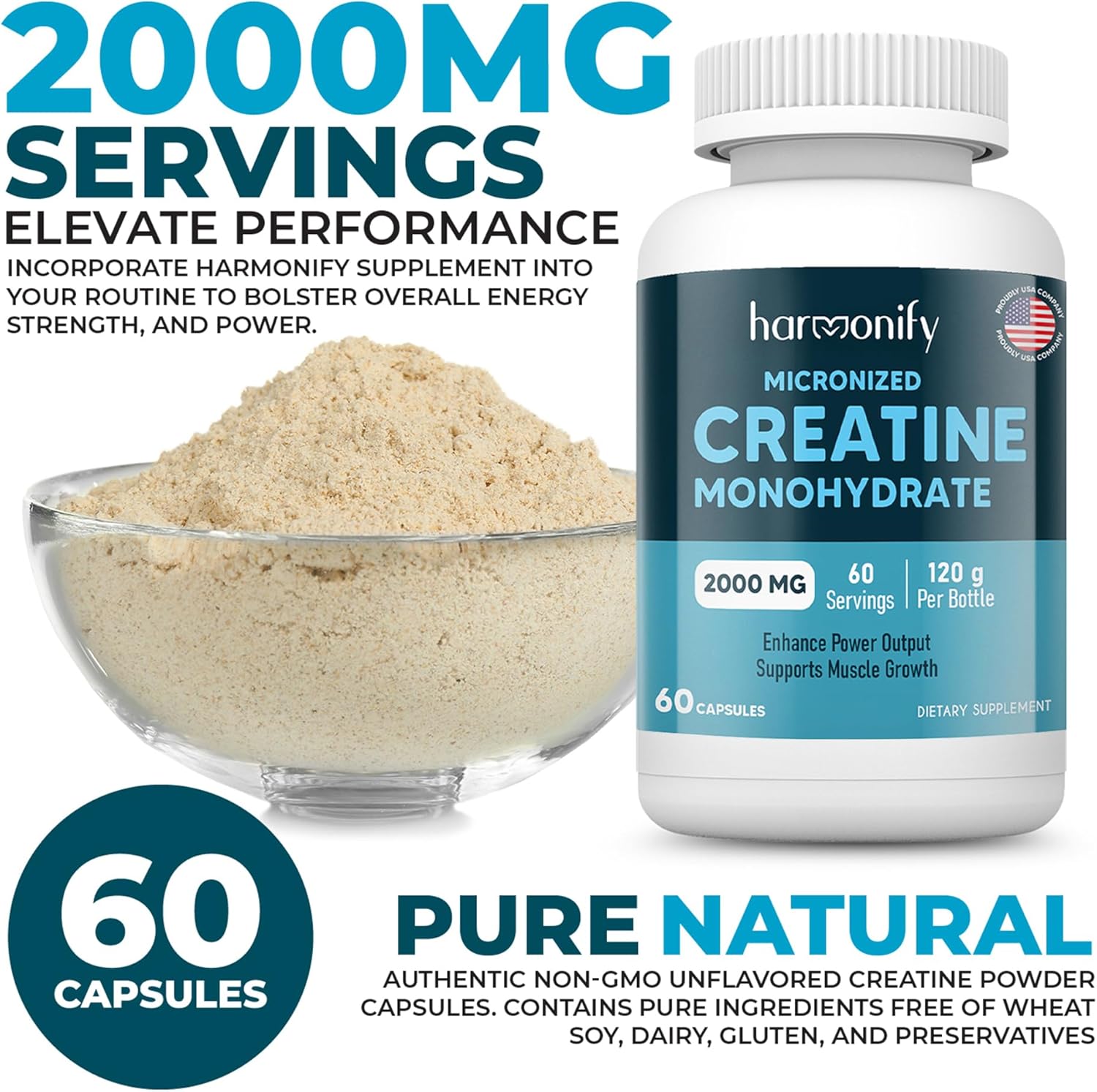 2000mg HARMONIFY Creatine Monohydrate Amino Acid Powder - Gluten-Free, Keto - NSF Certified, 60 Servings for Muscle Support & Cognitive Function