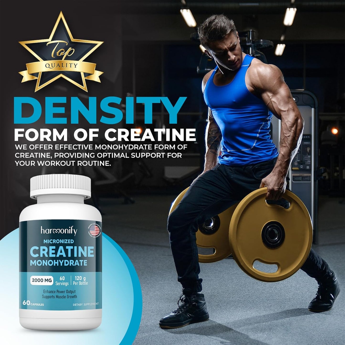 2000mg HARMONIFY Creatine Monohydrate Amino Acid Powder - Gluten-Free, Keto - NSF Certified, 60 Servings for Muscle Support & Cognitive Function