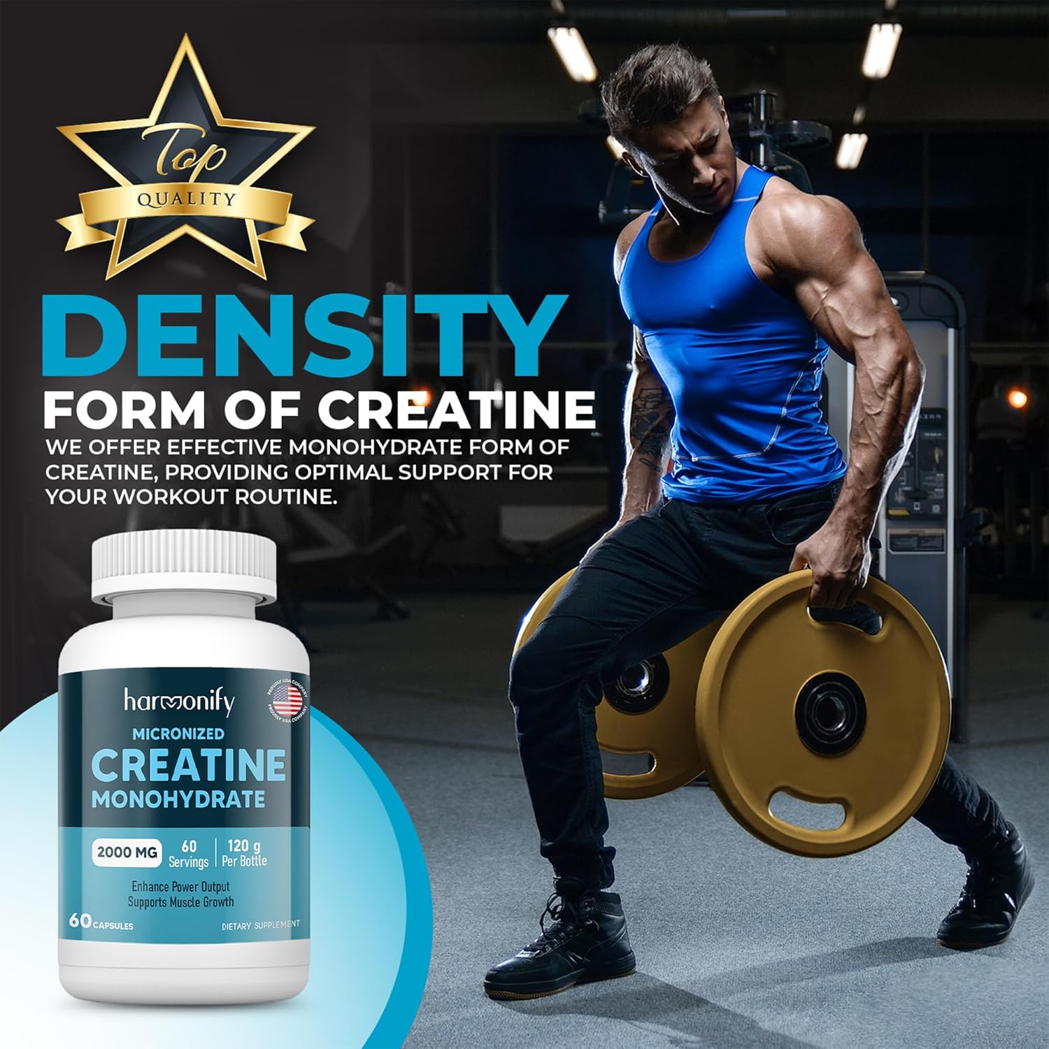 2000mg HARMONIFY Creatine Monohydrate Amino Acid Powder - Gluten-Free, Keto - NSF Certified, 60 Servings for Muscle Support & Cognitive Function