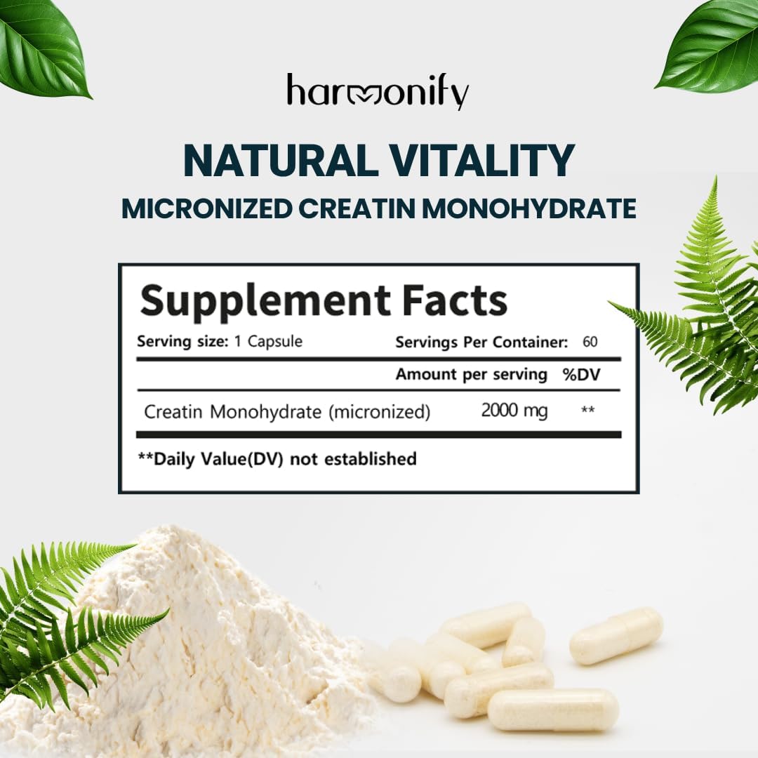 2000mg HARMONIFY Creatine Monohydrate Amino Acid Powder - Gluten-Free, Keto - NSF Certified, 60 Servings for Muscle Support & Cognitive Function