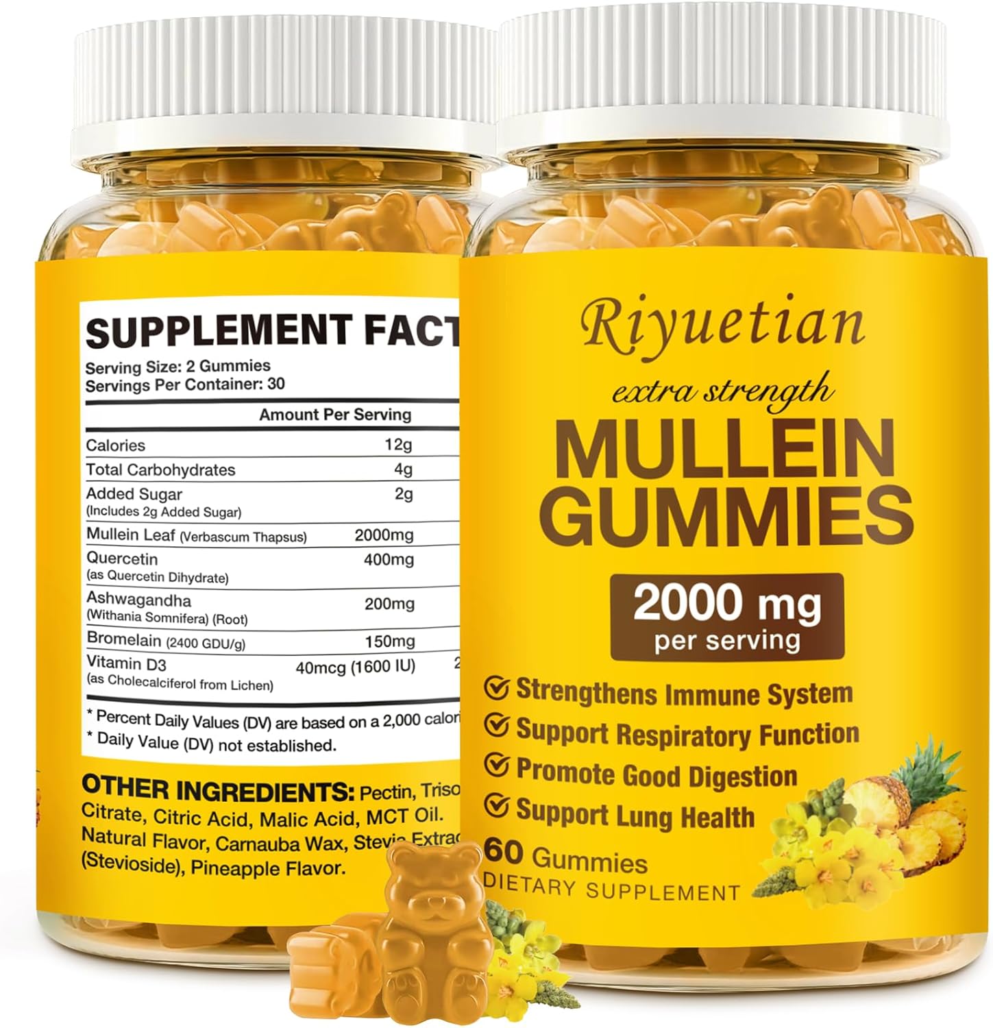 2000mg Mullein Leaf Extract Gummies for Respiratory & Digestive Health - Allergy Friendly, Vegan & Non-GMO - 60 Gummies Supplement