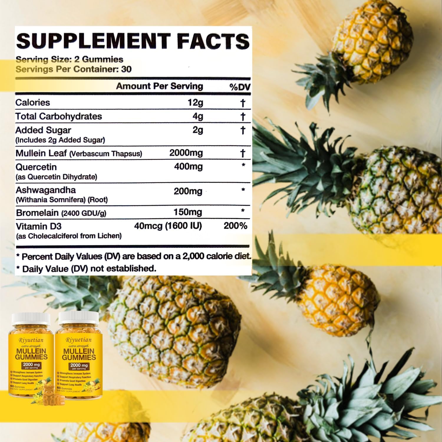 2000mg Mullein Leaf Extract Gummies for Respiratory & Digestive Health - Allergy Friendly, Vegan & Non-GMO - 60 Gummies Supplement