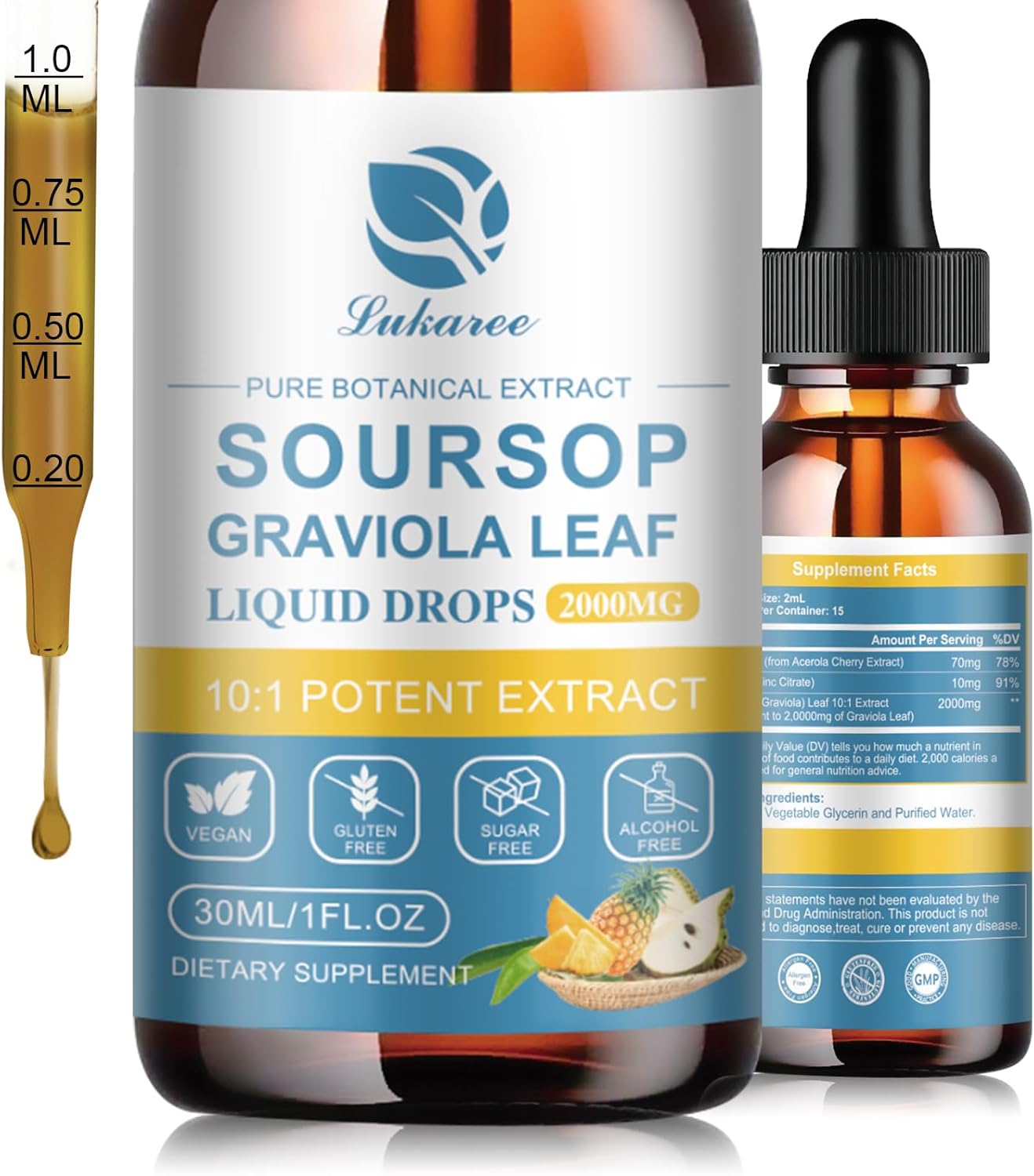 2000mg Soursop Bitters Liquid for Cell Support & Immune Boost - Antioxidant Multivitamin Drops - 15 Day Supply - Sugar & Gluten Free