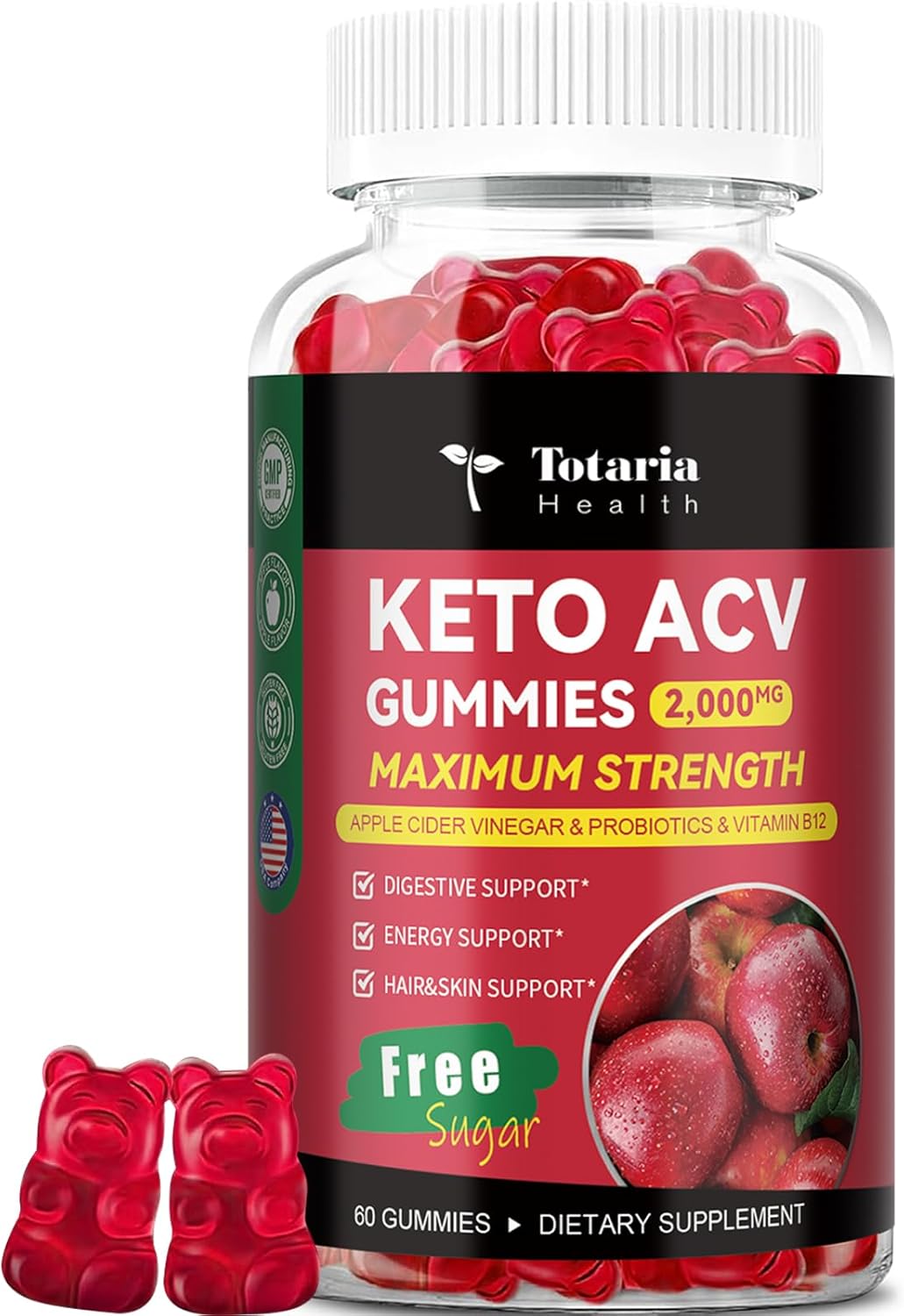 2000mg Totaria Keto ACV Gummies with Probiotics & B12 - Sugar-Free Keto Supplements for Stature Health - 60 Gummies