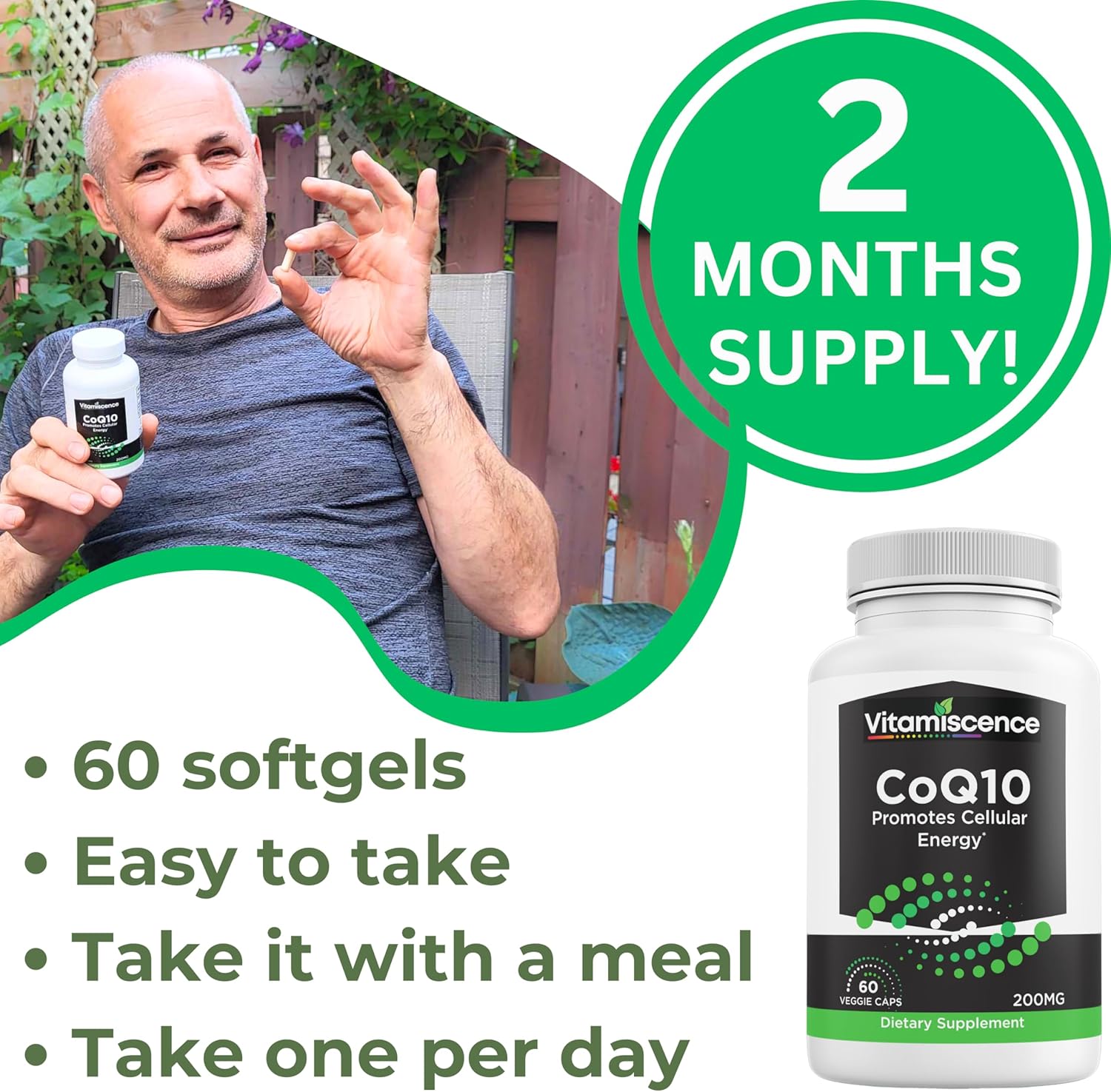 200mg CoQ10 Capsules - 60 Count, Antioxidant & Cellular Energy Support for Men and Women