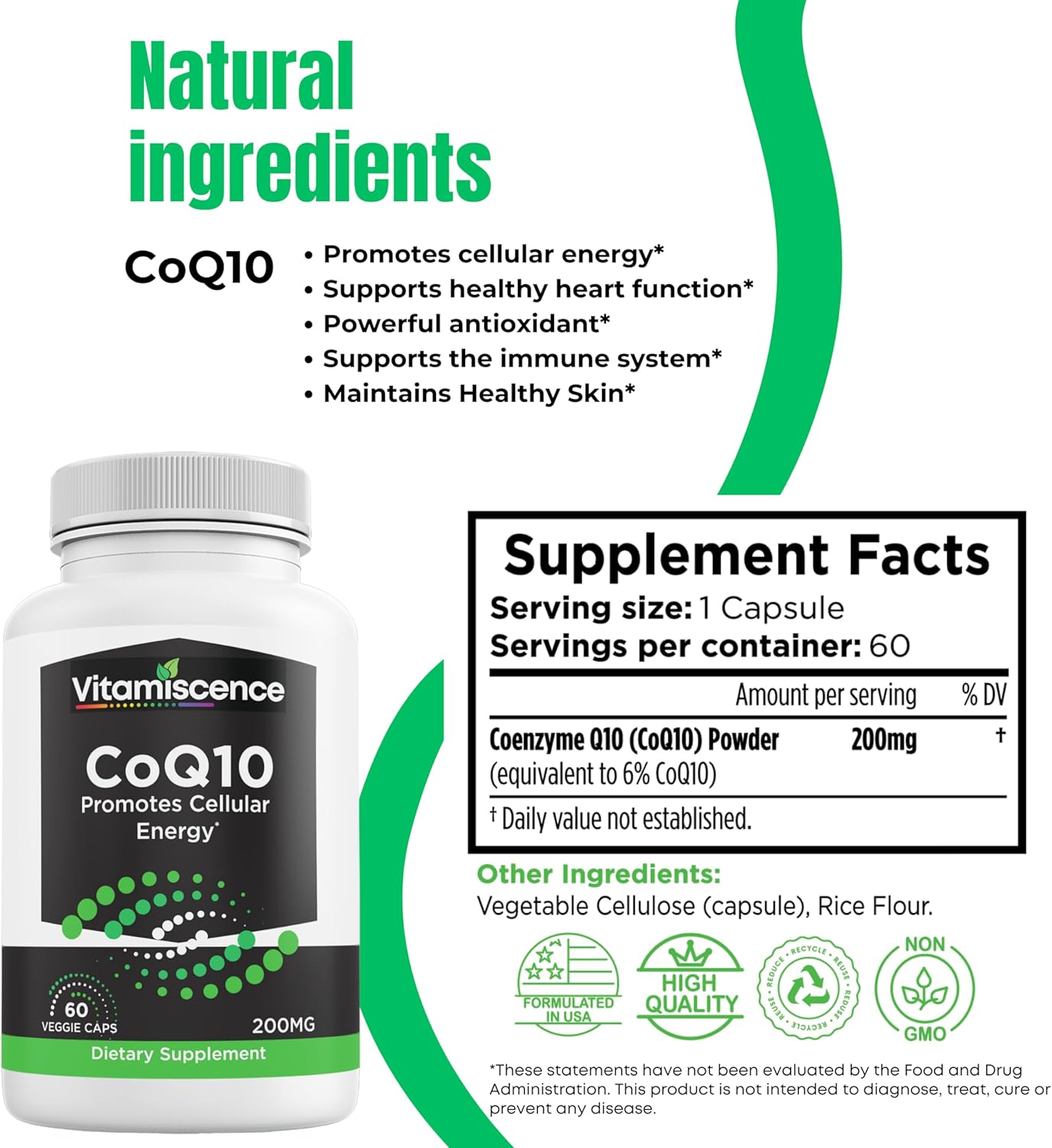 200mg CoQ10 Capsules - 60 Count, Antioxidant & Cellular Energy Support for Men and Women