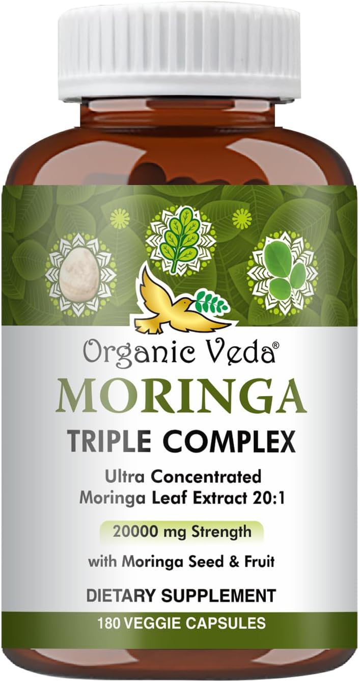 20x Concentrated Organic Moringa Capsules with Seed & Fruit Powder - Antioxidant & Joint Support - 180 Vegan Capsules