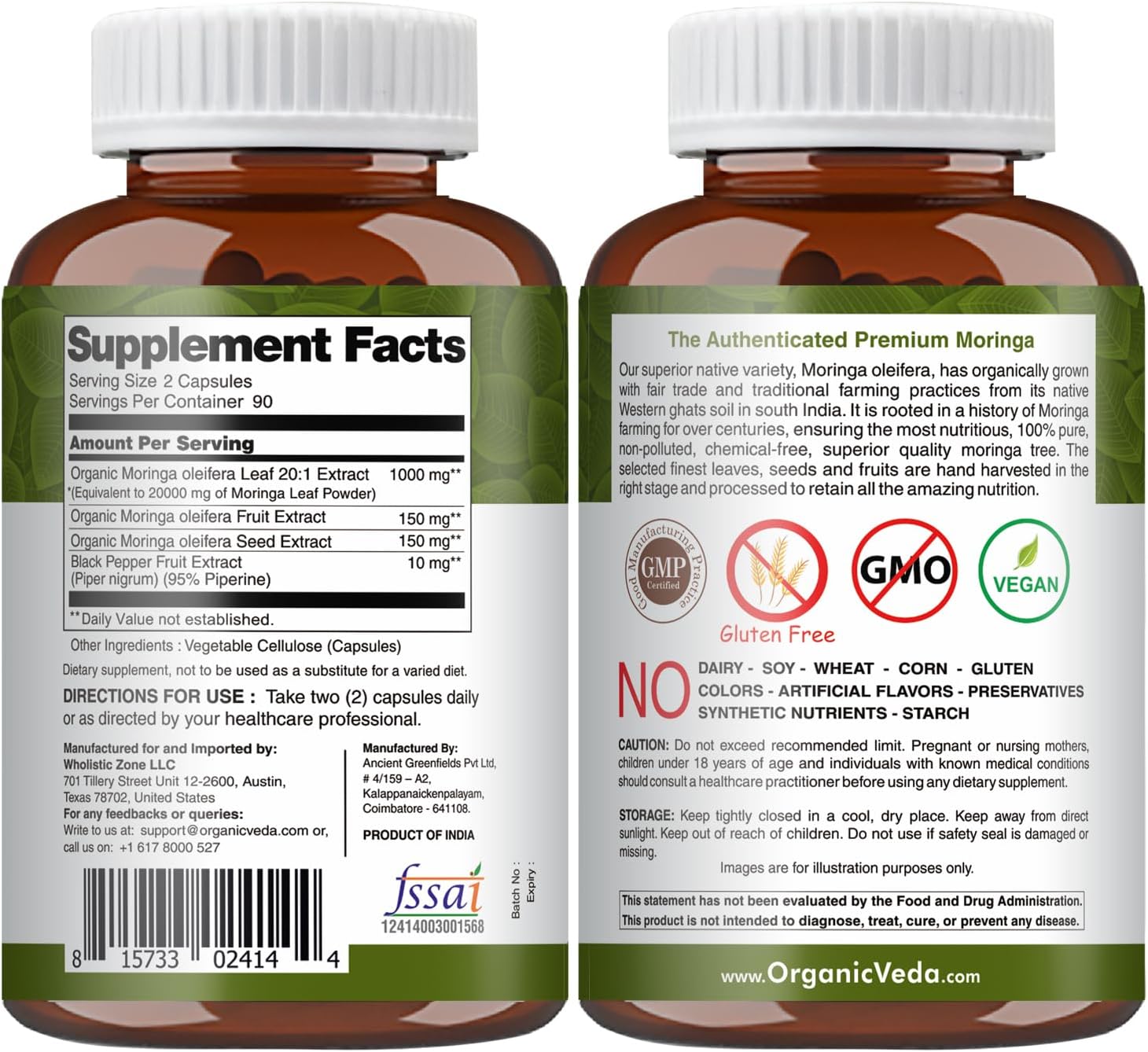 20x Concentrated Organic Moringa Capsules with Seed & Fruit Powder - Antioxidant & Joint Support - 180 Vegan Capsules