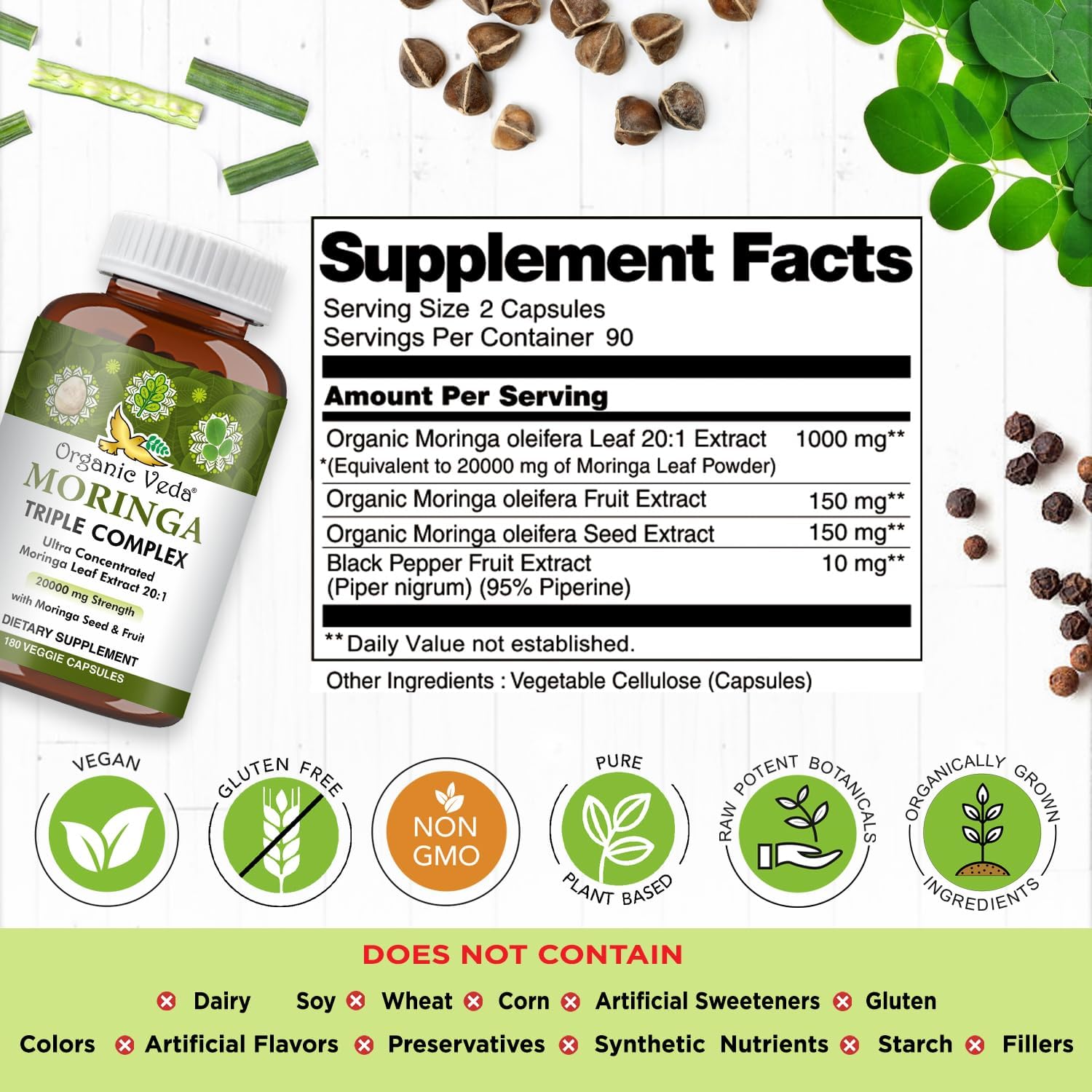 20x Concentrated Organic Moringa Capsules with Seed & Fruit Powder - Antioxidant & Joint Support - 180 Vegan Capsules