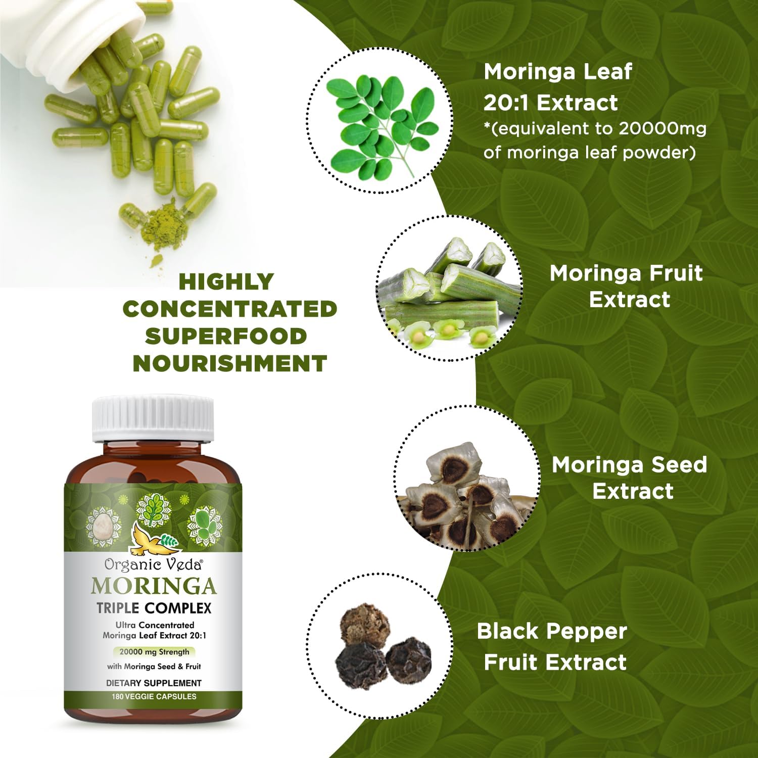 20x Concentrated Organic Moringa Capsules with Seed & Fruit Powder - Antioxidant & Joint Support - 180 Vegan Capsules