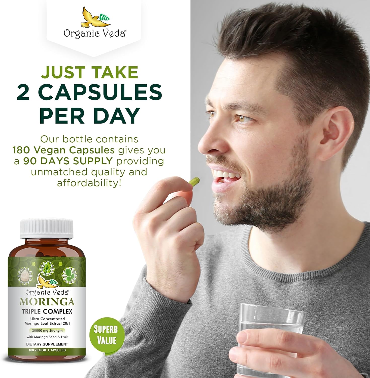 20x Concentrated Organic Moringa Capsules with Seed & Fruit Powder - Antioxidant & Joint Support - 180 Vegan Capsules