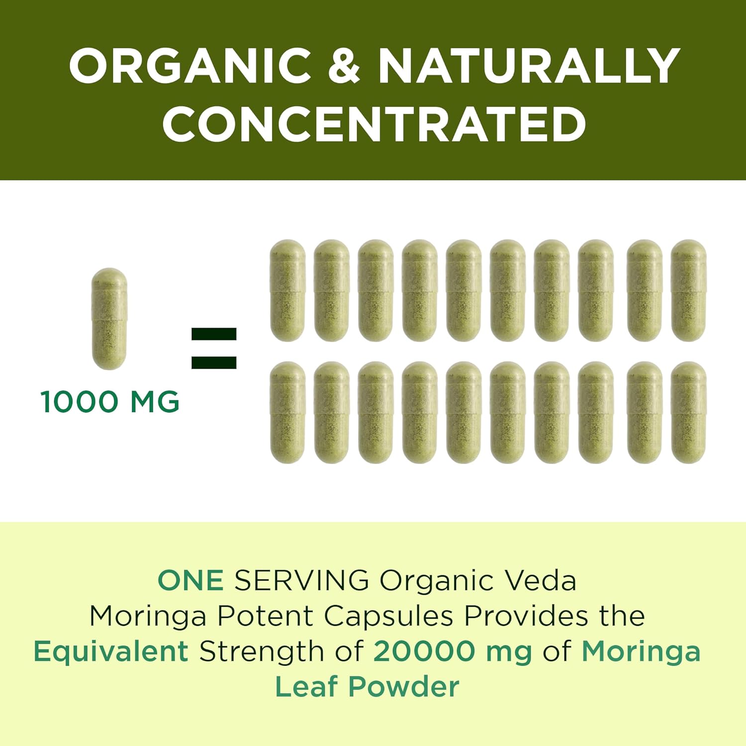 20x Concentrated Organic Moringa Capsules with Seed & Fruit Powder - Antioxidant & Joint Support - 180 Vegan Capsules