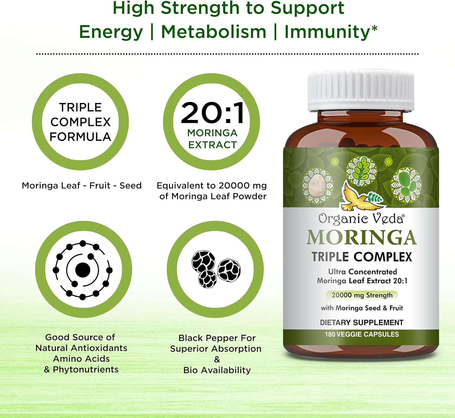 20x Concentrated Organic Moringa Capsules with Seed & Fruit Powder - Antioxidant & Joint Support - 180 Vegan Capsules