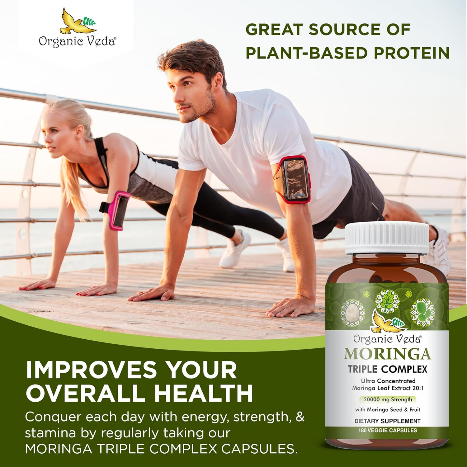 20x Concentrated Organic Moringa Capsules with Seed & Fruit Powder - Antioxidant & Joint Support - 180 Vegan Capsules