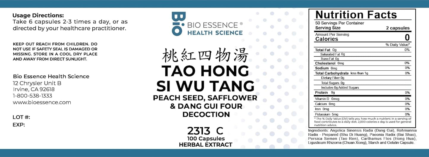 2313C Tao Hong Si Wu Decoction Capsules - Peach Seed, Safflower, Dang Gui - 100 Capsules (2 Bottles)