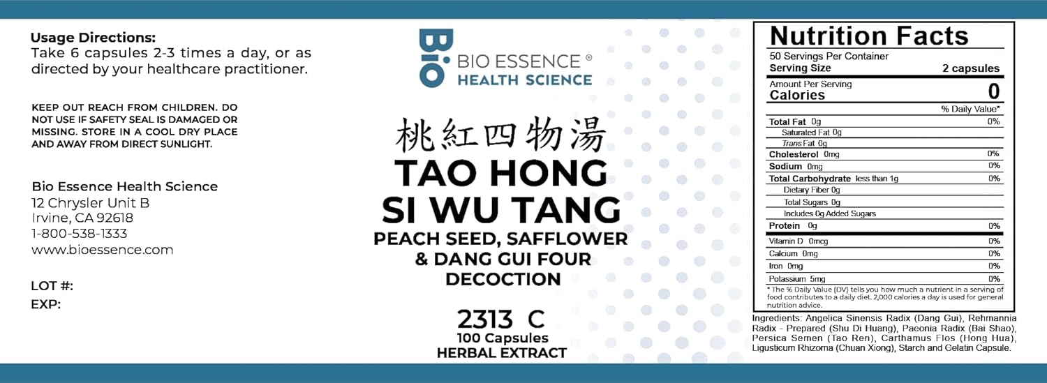 2313C Tao Hong Si Wu Decoction Capsules - Peach Seed, Safflower, Dang Gui - 100 Capsules (2 Bottles)