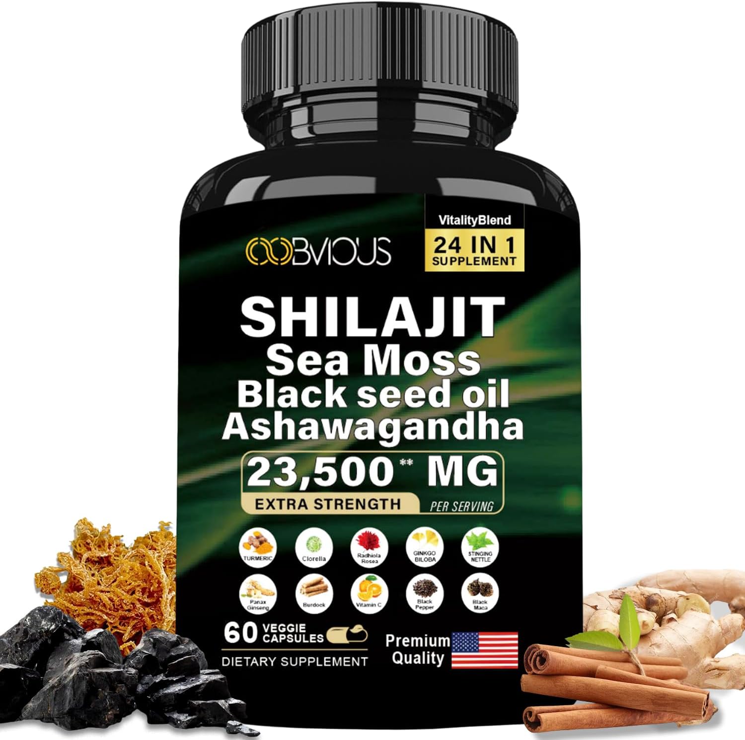 24-in-1 Himalayan Shilajit Capsules with Black Seed Oil, Rhodiola Rosea, Panax Ginseng, Sea Moss, Ginkgo Biloba, and More - 60 Capsules, 30-Day Supply