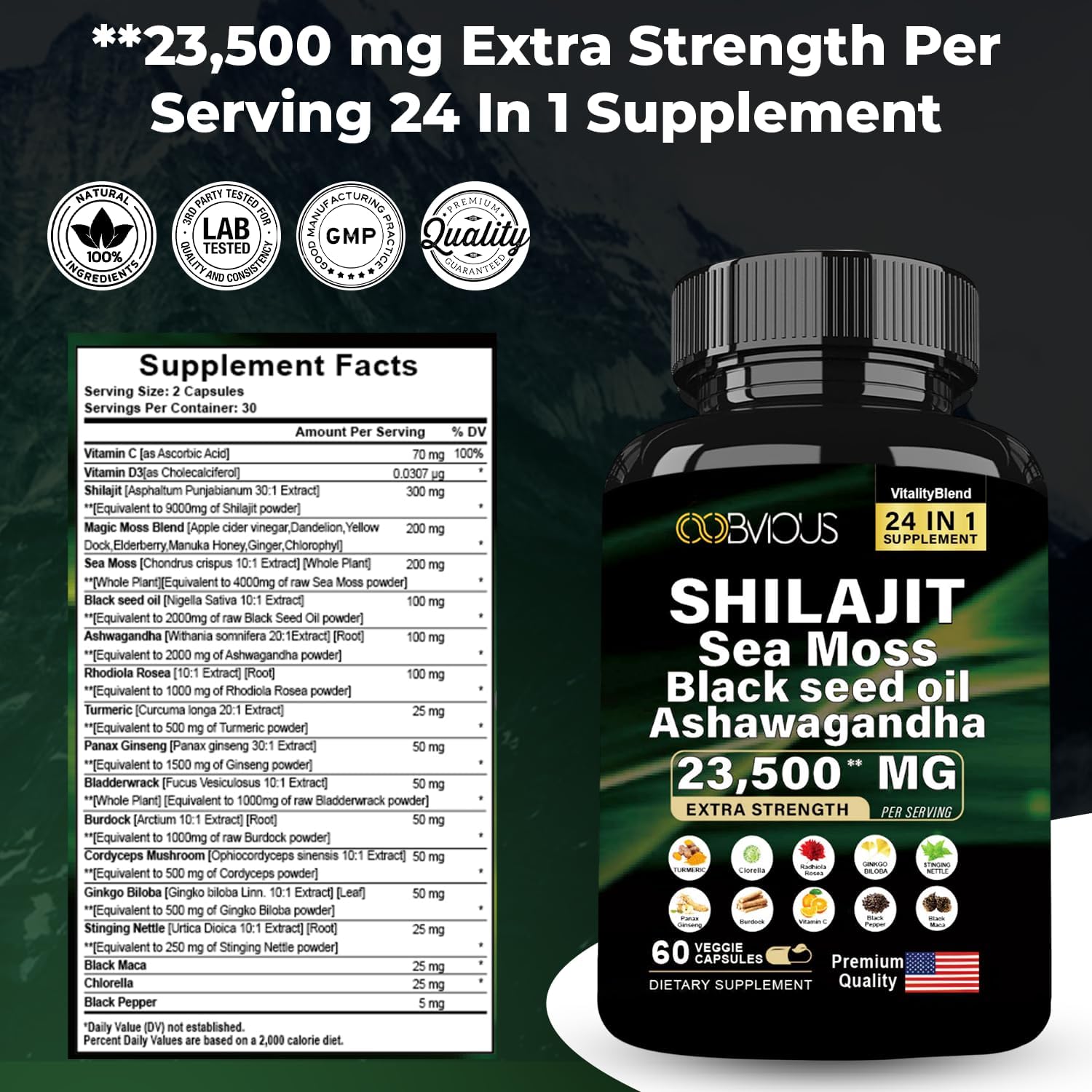 24-in-1 Himalayan Shilajit Capsules with Black Seed Oil, Rhodiola Rosea, Panax Ginseng, Sea Moss, Ginkgo Biloba, and More - 60 Capsules, 30-Day Supply