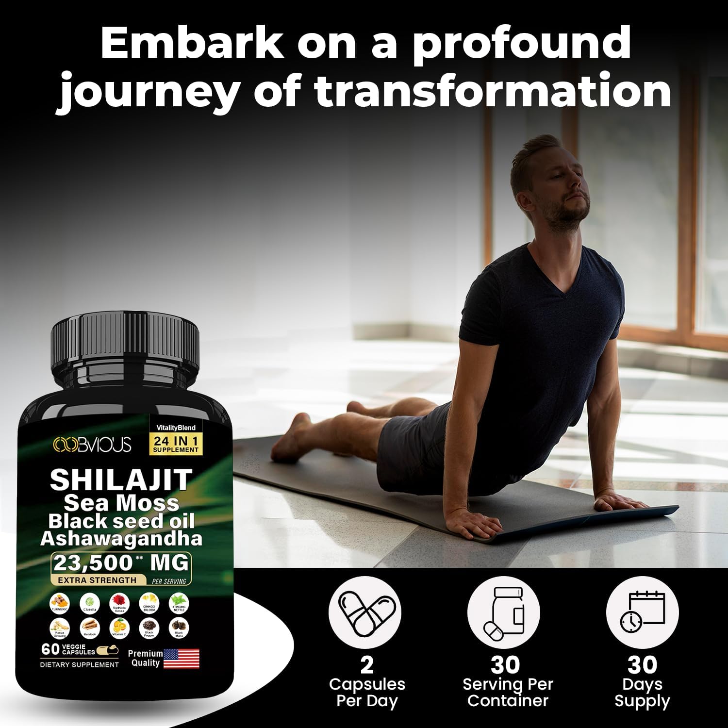24-in-1 Himalayan Shilajit Capsules with Black Seed Oil, Rhodiola Rosea, Panax Ginseng, Sea Moss, Ginkgo Biloba, and More - 60 Capsules, 30-Day Supply