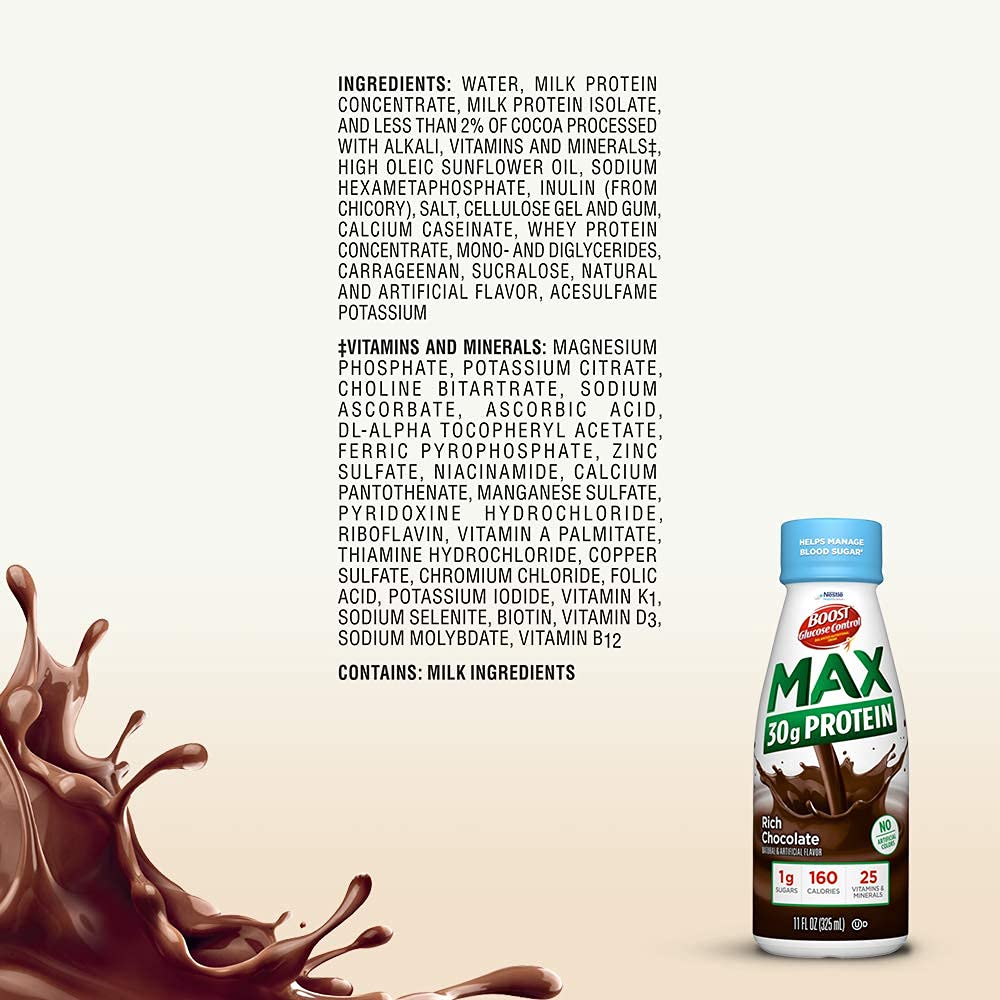 24-Pack BOOST Glucose Control Max Protein Nutritional Drink, Rich Chocolate & Very Vanilla - 30g Protein
