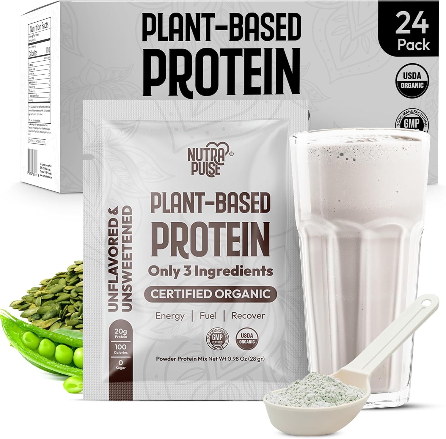 24 Pack of NUTRAPULSE Organic Vegan Protein Powder Samples - 20g Protein Per Serving, Plant-Based & Gluten-Free for Smoothies & Shakes