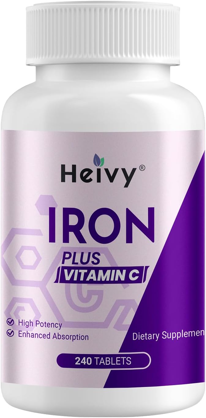 240 Non-GMO Heivy Iron Tablets (Ferrous Sulfate) 65mg with Vitamin C - Iron Supplement for Women and Men