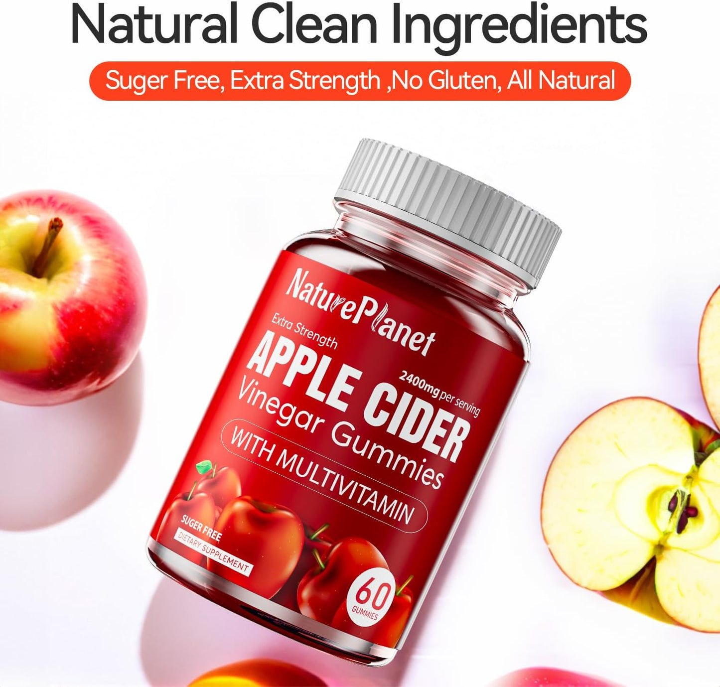 2400 MG Apple Cider Vinegar Gummies with Multivitamin - Vegan & Gluten Free - 60 Gummies