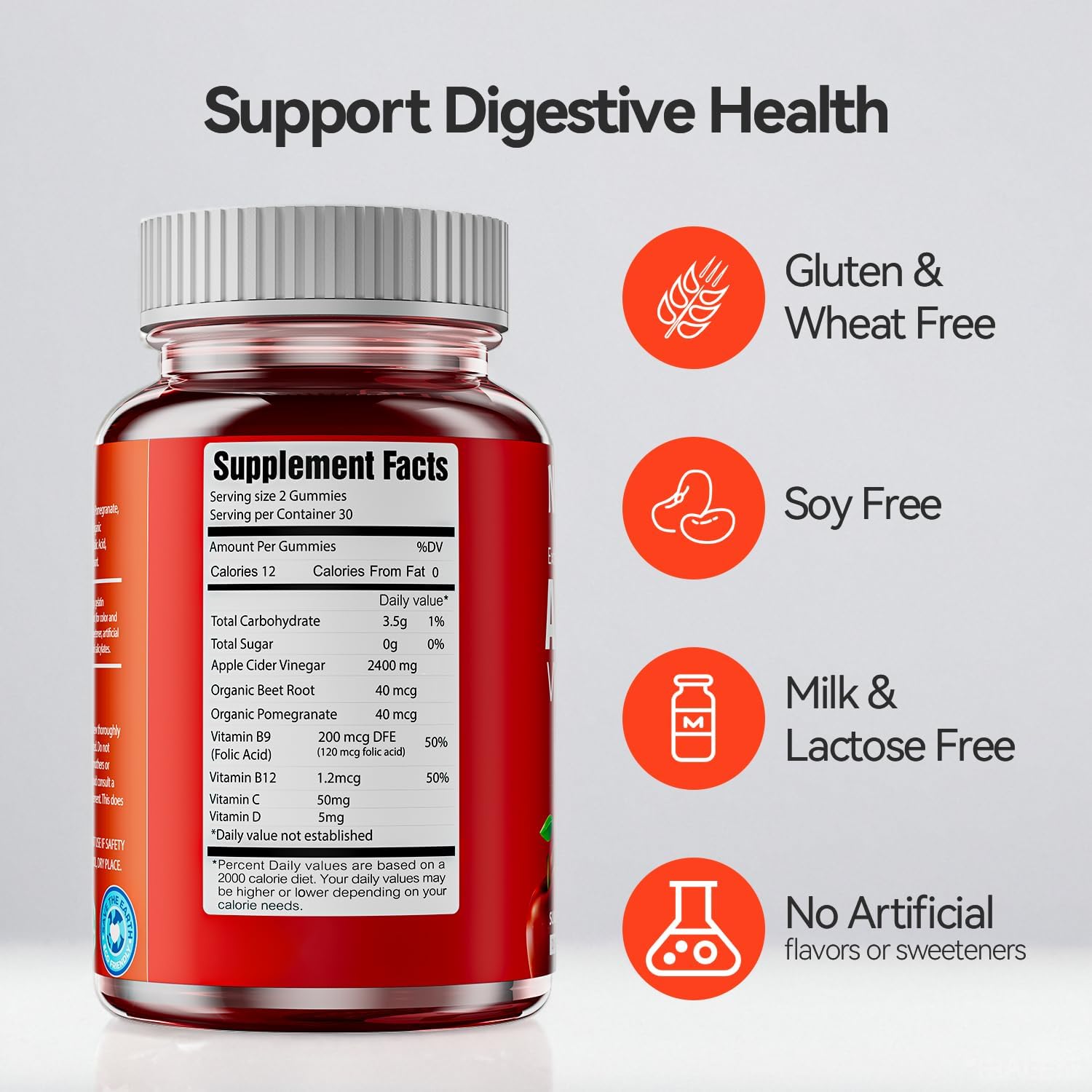 2400 MG Apple Cider Vinegar Gummies with Multivitamin - Vegan & Gluten Free - 60 Gummies