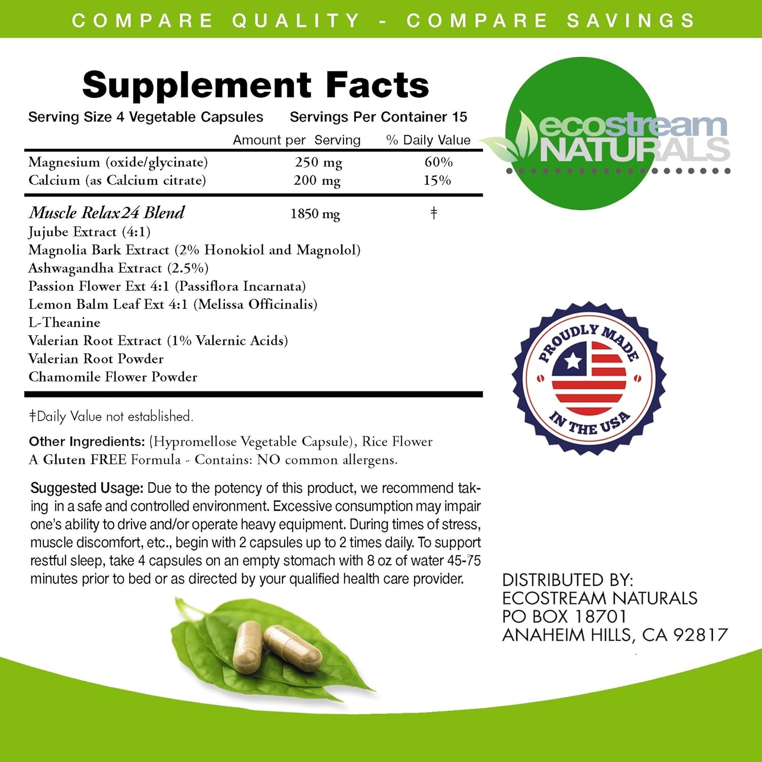24/7 Muscle Relaxation Support with ecostream Naturals MuscleRelax - Natural Ingredients, Gluten-Free - 60 Veg Caps