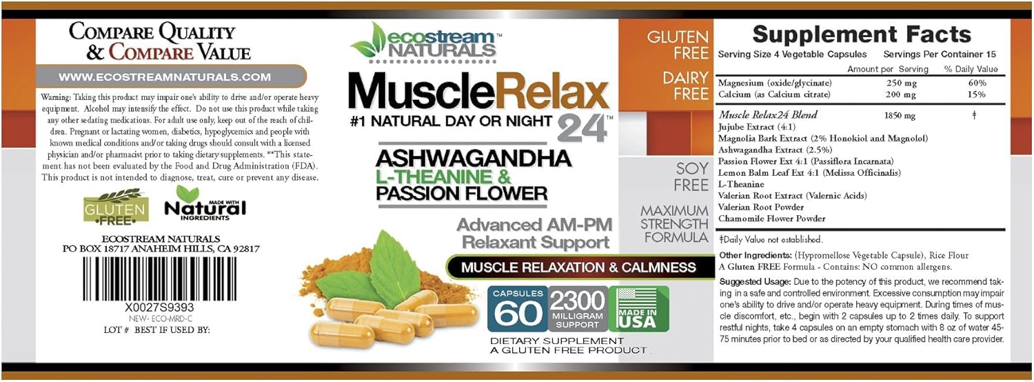 24/7 Muscle Relaxation Support with ecostream Naturals MuscleRelax - Natural Ingredients, Gluten-Free - 60 Veg Caps