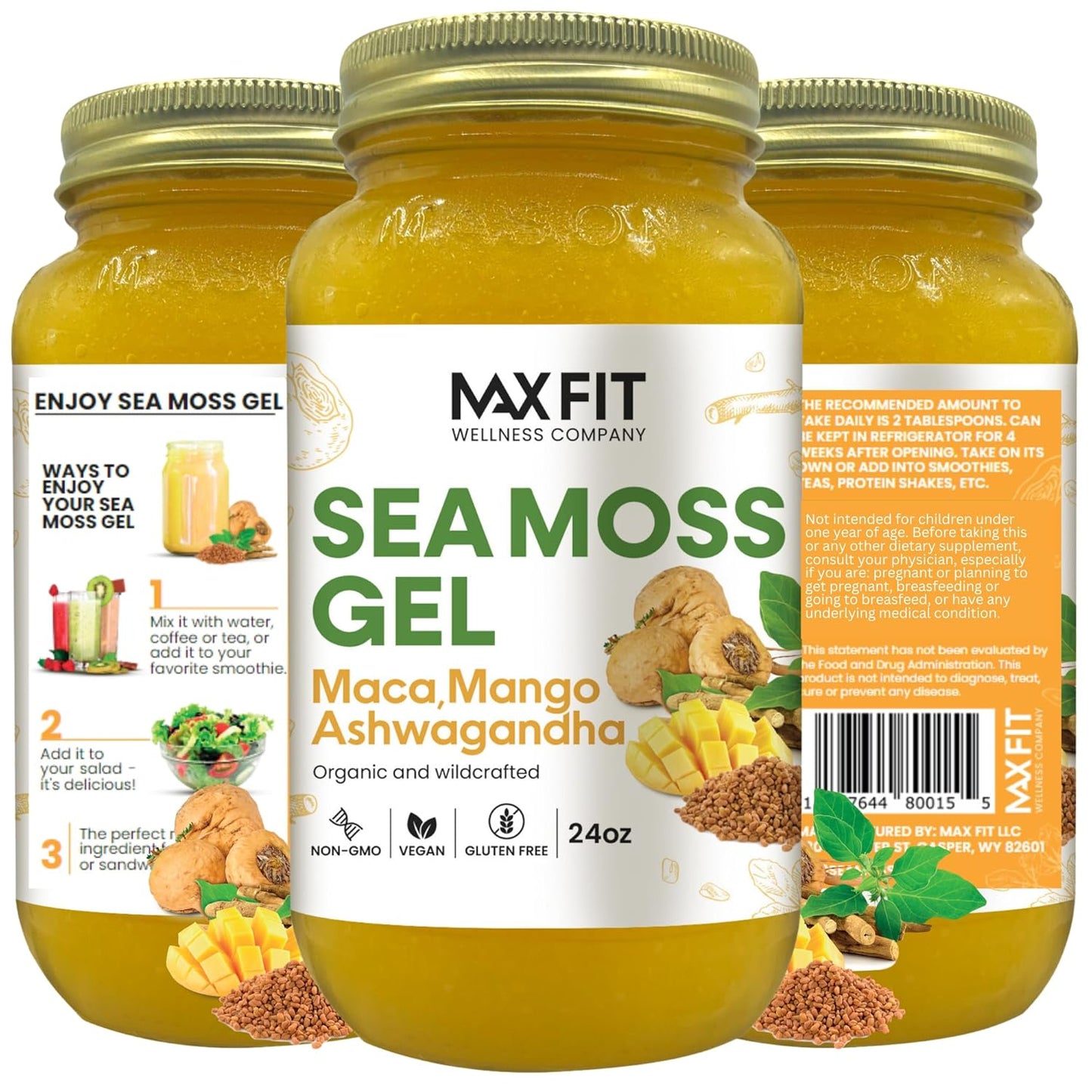 24oz Wildcrafted Gold Sea Moss Gel with Maca and Ashwagandha from Saint Lucia - 92 Vitamins and Minerals - Non-GMO and Raw Pure Sea Moss
