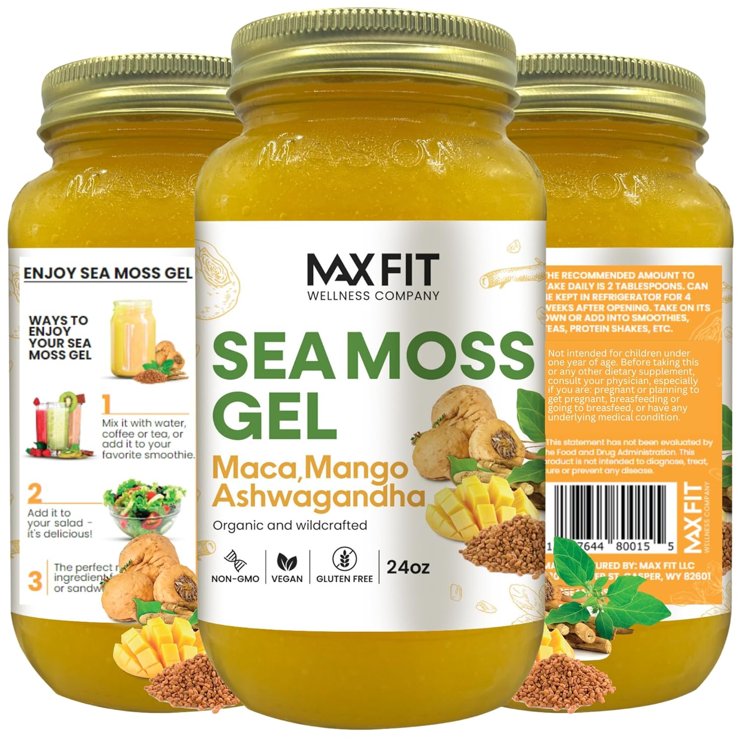 24oz Wildcrafted Gold Sea Moss Gel with Maca and Ashwagandha from Saint Lucia - 92 Vitamins and Minerals - Non-GMO and Raw Pure Sea Moss