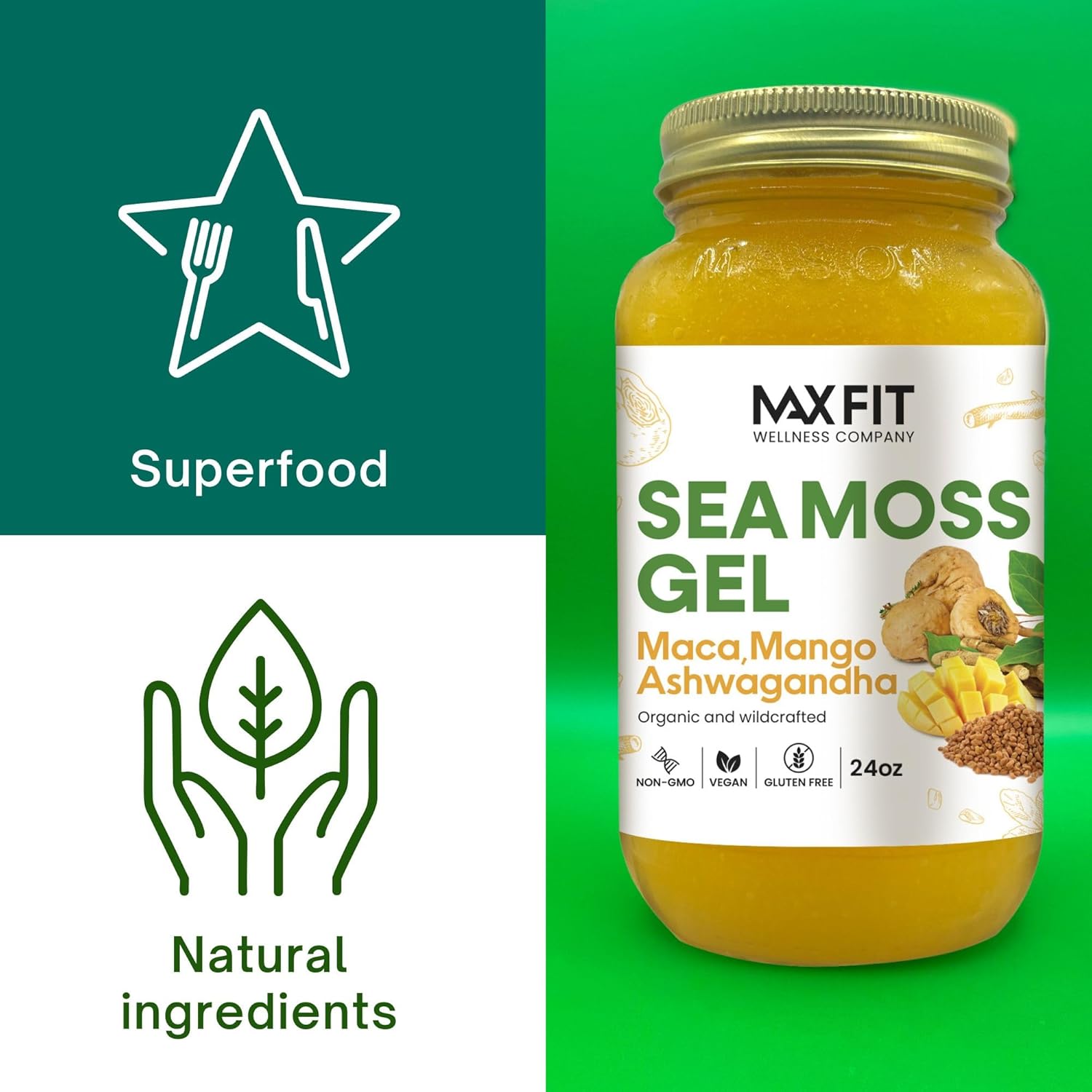 24oz Wildcrafted Gold Sea Moss Gel with Maca and Ashwagandha from Saint Lucia - 92 Vitamins and Minerals - Non-GMO and Raw Pure Sea Moss