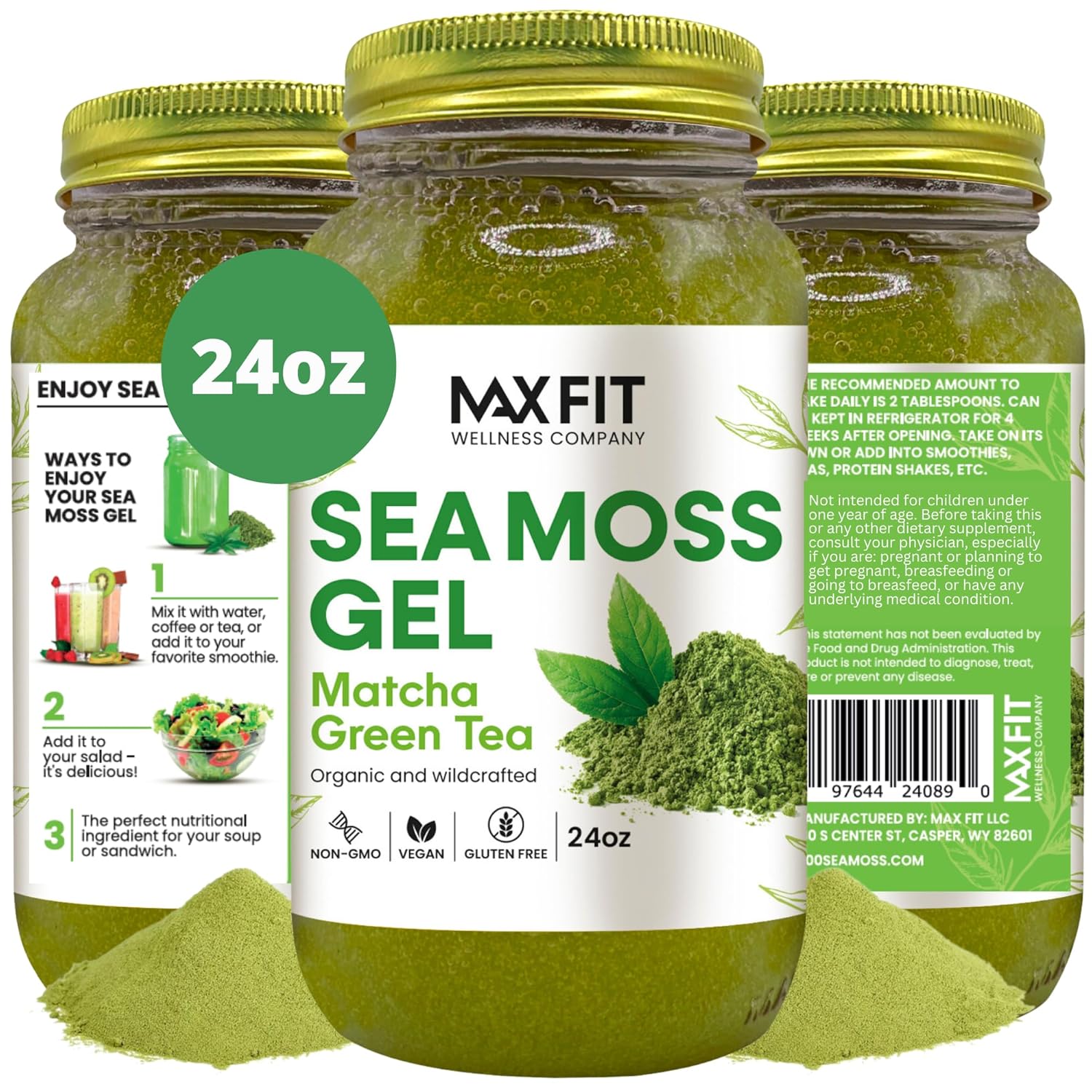 24oz Wildcrafted Gold Sea Moss Gel with Matcha Green Tea - Pure Raw Non-GMO Supplement from Saint Lucia | 92 Vitamins and Minerals