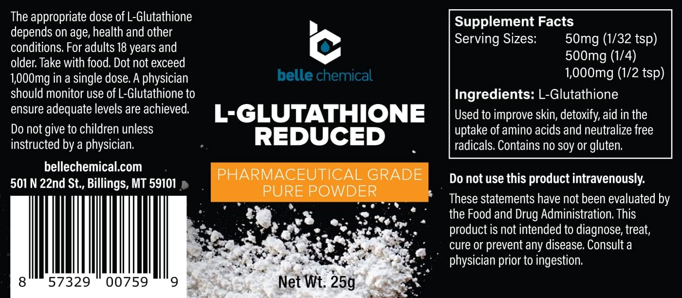 25 Grams of Pharmaceutical Grade Belle Chemical Pure L-Glutathione Reduced