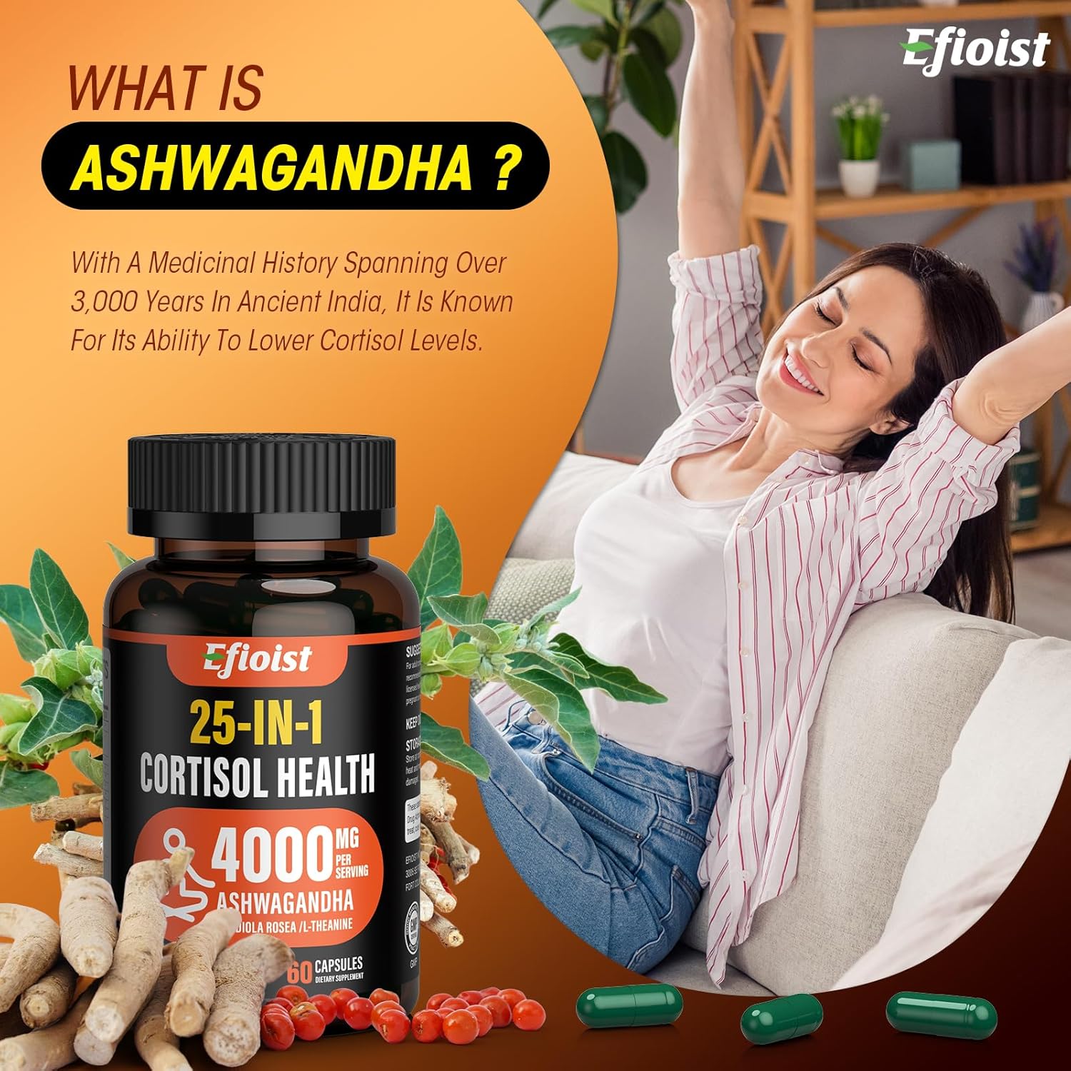 25-in-1 Cortisol Reducer Supplement with Ashwagandha & Rhodiola Rosea for Mood, Focus, Relaxation, Sleep Support - 11 Capsules