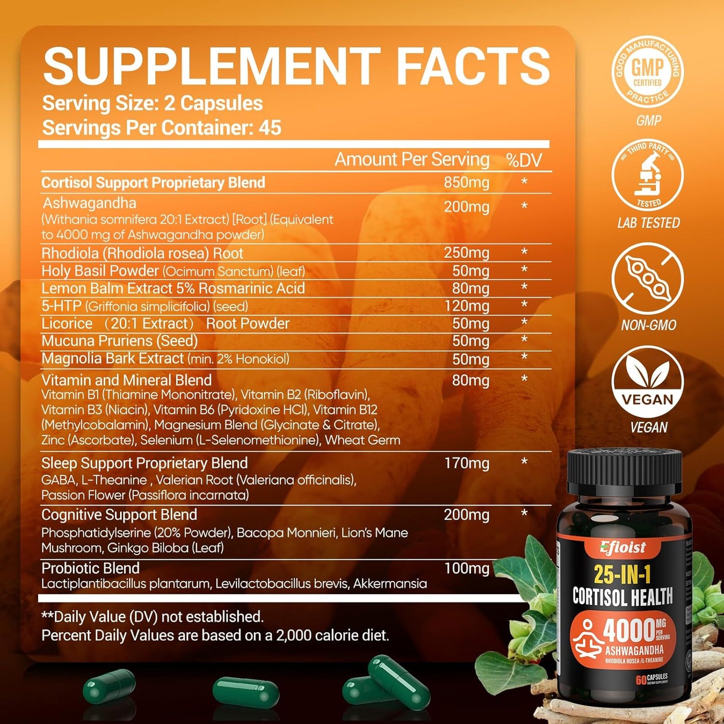 25-in-1 Cortisol Reducer Supplement with Ashwagandha & Rhodiola Rosea - Mood, Focus, Relaxation, Sleep Support - 10 Capsules for Women & Men