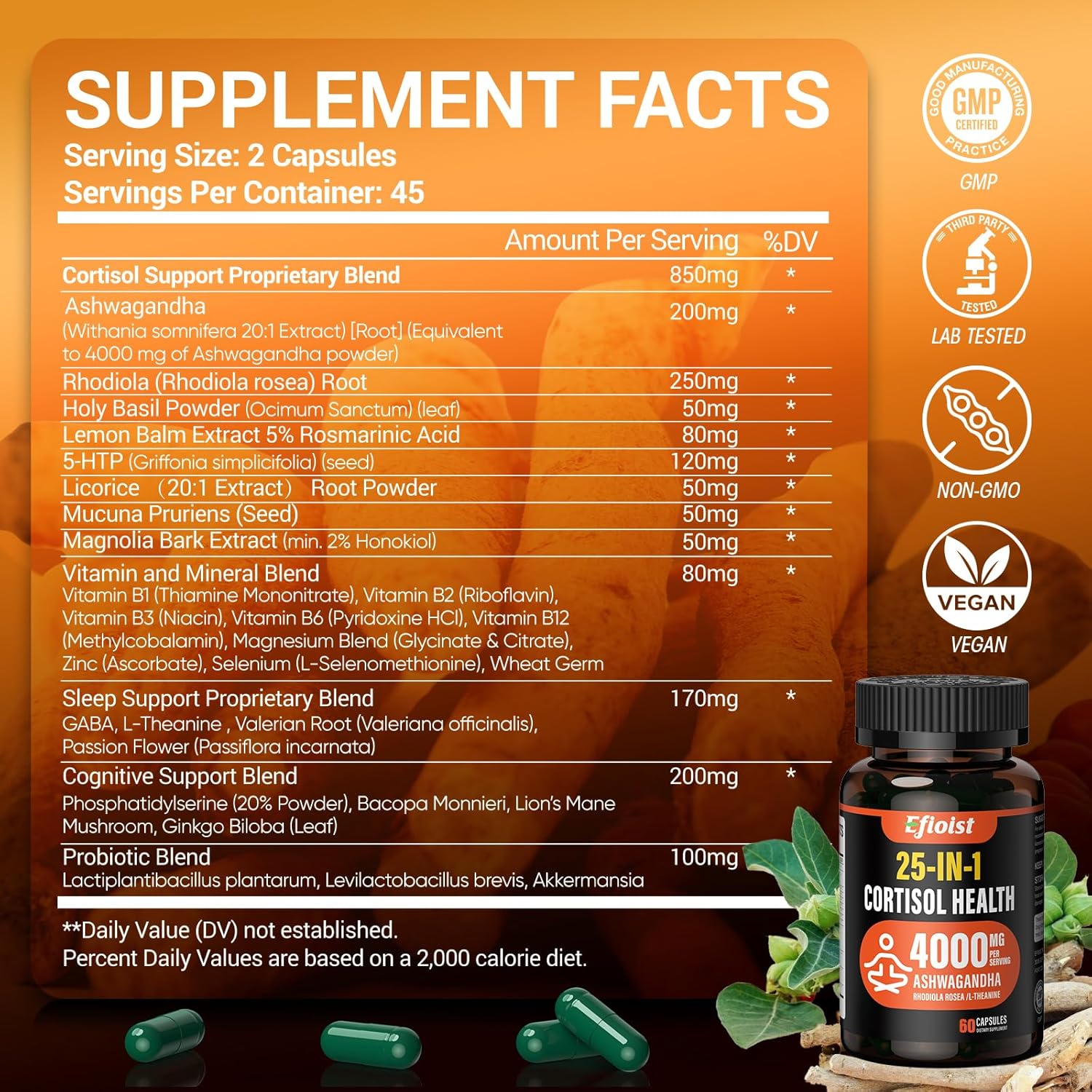 25-in-1 Cortisol Reducer Supplement with Ashwagandha & Rhodiola Rosea - Mood, Focus, Relaxation, Sleep Support - 10 Capsules for Women & Men