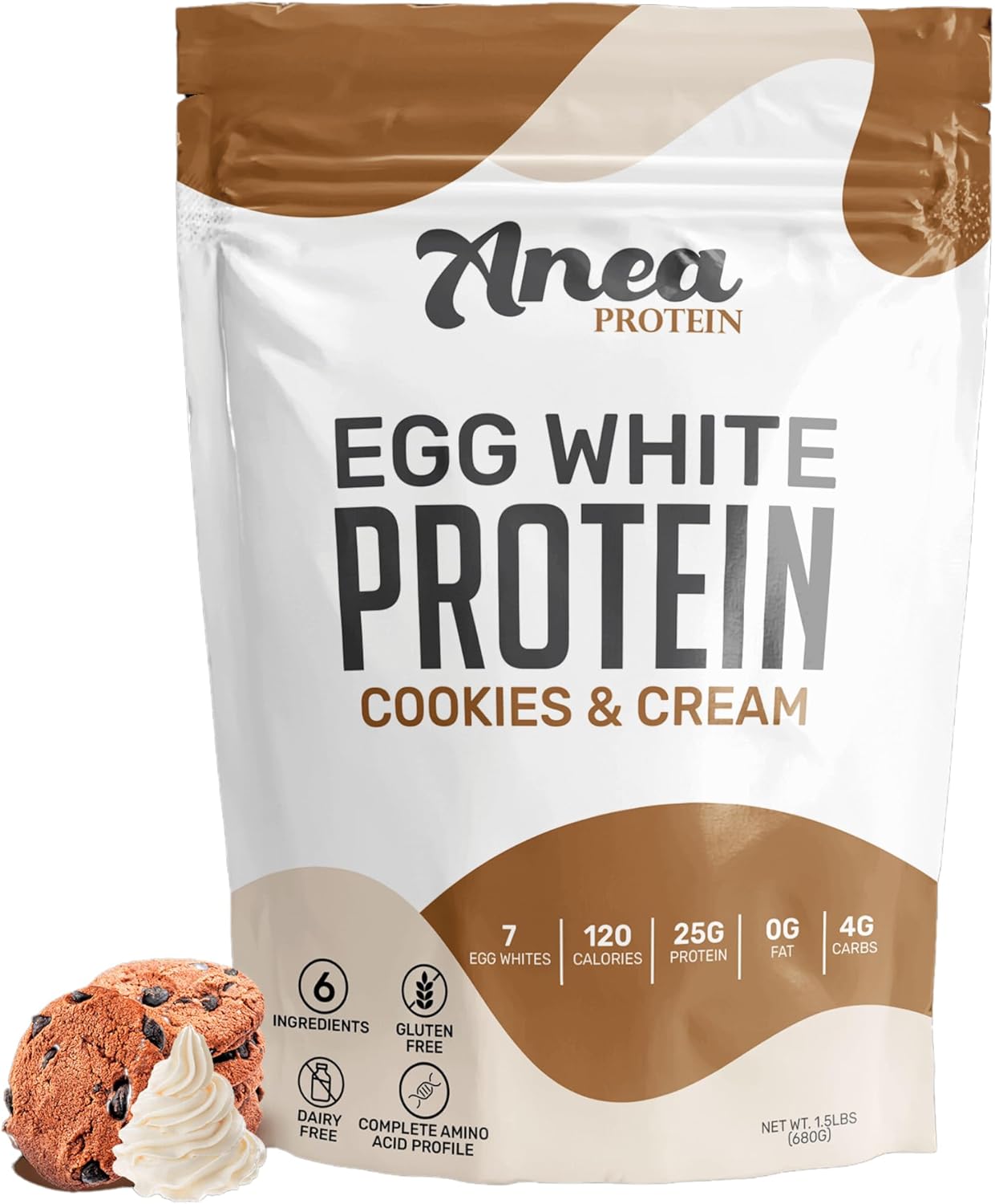 25g Anea Egg White Protein Powder - Dairy, Gluten, and Fat Free - Cookies & Cream Flavor - High Biological Value - 1.5lb Pack