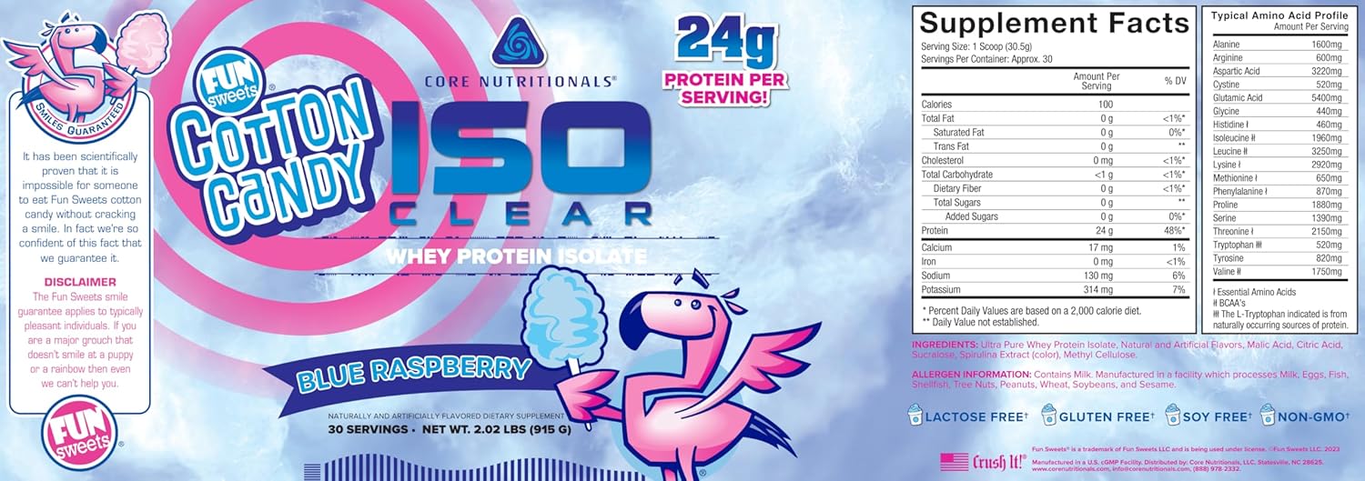 25g Whey Protein Isolate with Complete Amino Acid Profile - Core Nutritionals ISO Clear, 2lb Fun Sweets Blue Raspberry Flavor