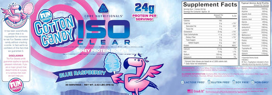 25g Whey Protein Isolate with Complete Amino Acid Profile - Core Nutritionals ISO Clear, 2lb Fun Sweets Blue Raspberry Flavor